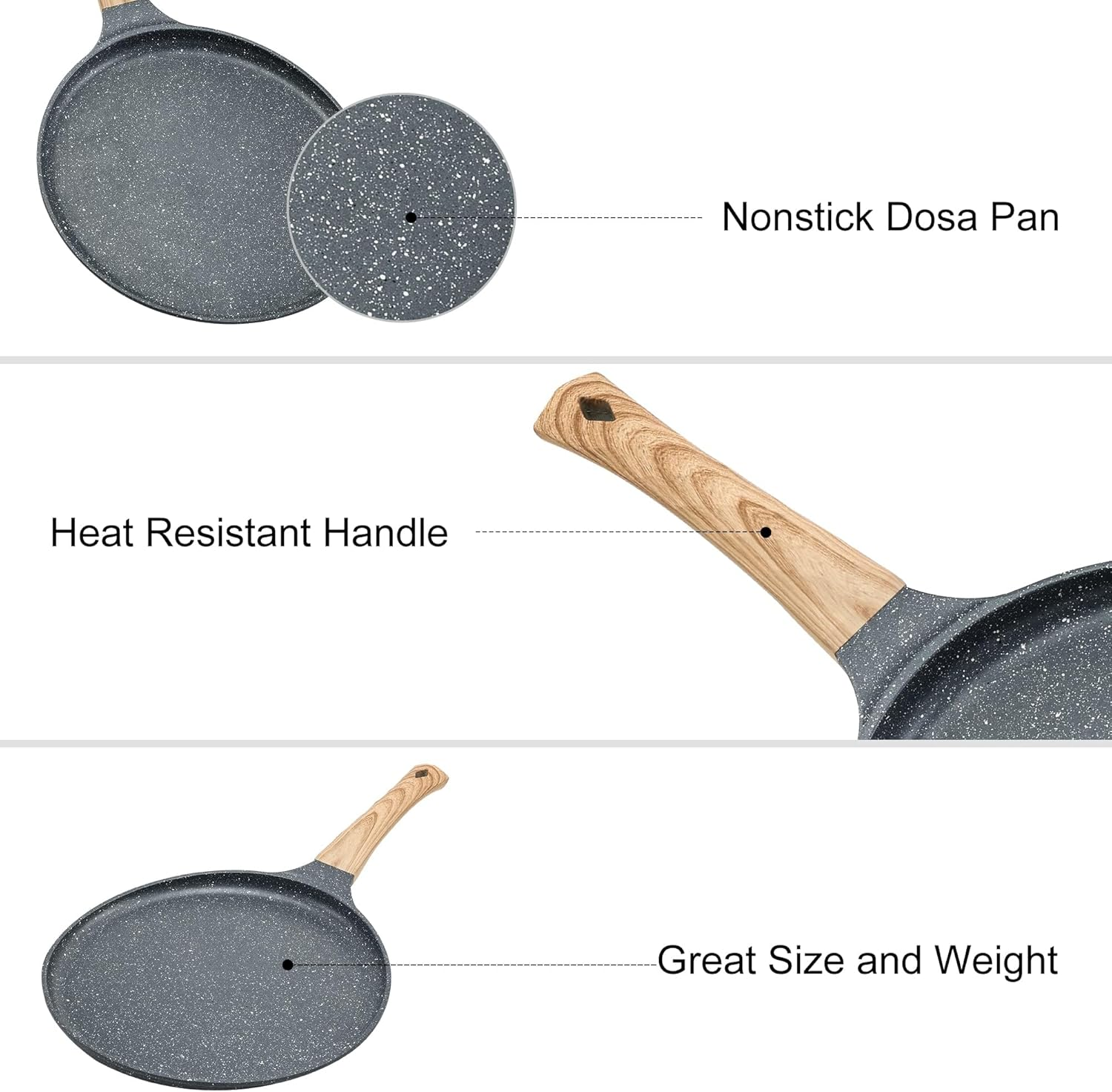 Crepe Pan, XICEN 28 Cm Nonstick Dosa Tawa with Spreader, for All Stove, Tortilla Pan with Detachable Handle (Black) image number 1