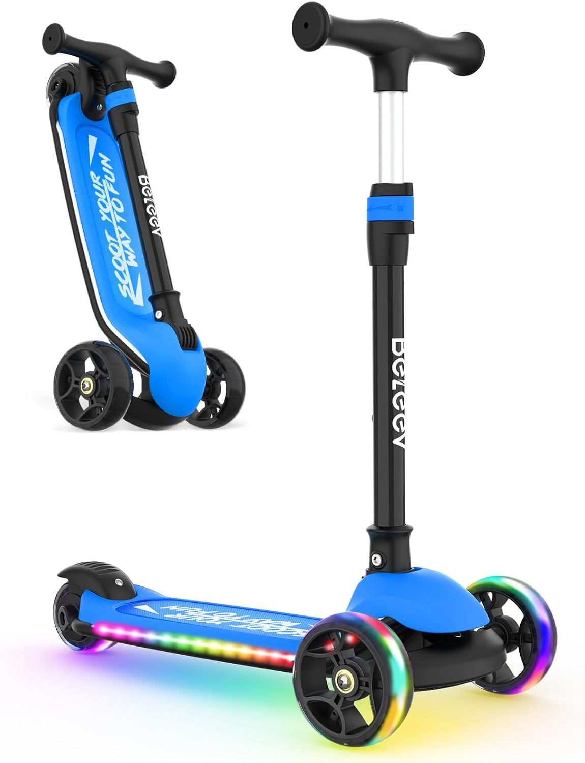 BELEEV A9 Scooters for Kids with Light-Up Wheels & Deck, 3 Wheel Folding Scooter for Girls Boys Ages 3-12, 4 Adjustable Height, Non-Slip Pattern Deck, Kick Scooter Gifts for Children