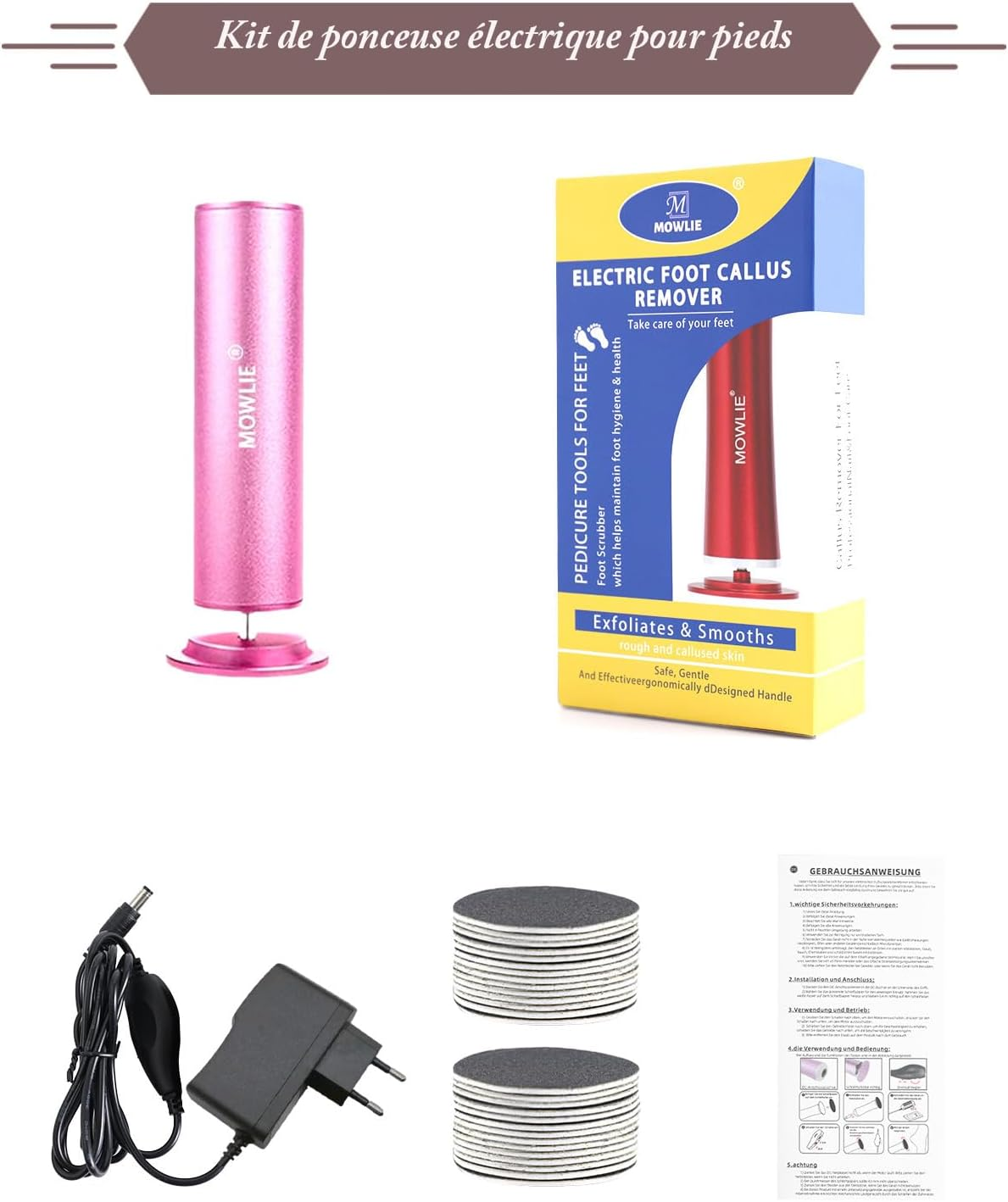 MOWLIE Electric Callus Remover with 60 Pieces Replacement Sanding Pads, Electric Callus Remover Set, Pro Pedicure Foot File, Efficient Pedicure Set, Foot Care for Dead Hard Cracked Skin image number 5