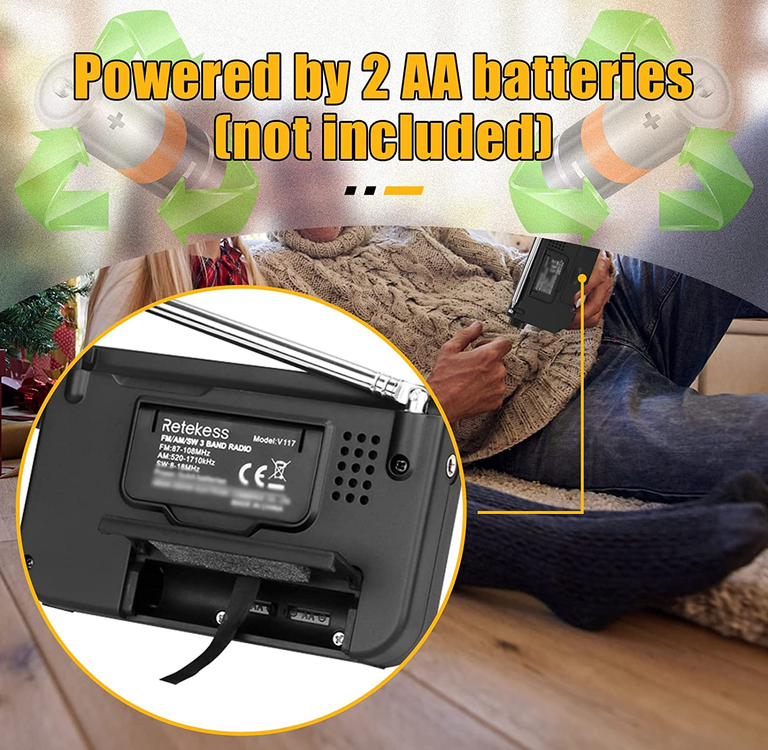 Retekess V-117 Portable AM FM Radio with Shortwave Battery Powered Transistor 3.5Mm Headphone Jack Speaker Small Compact Pocket Radios(Black) image number 2