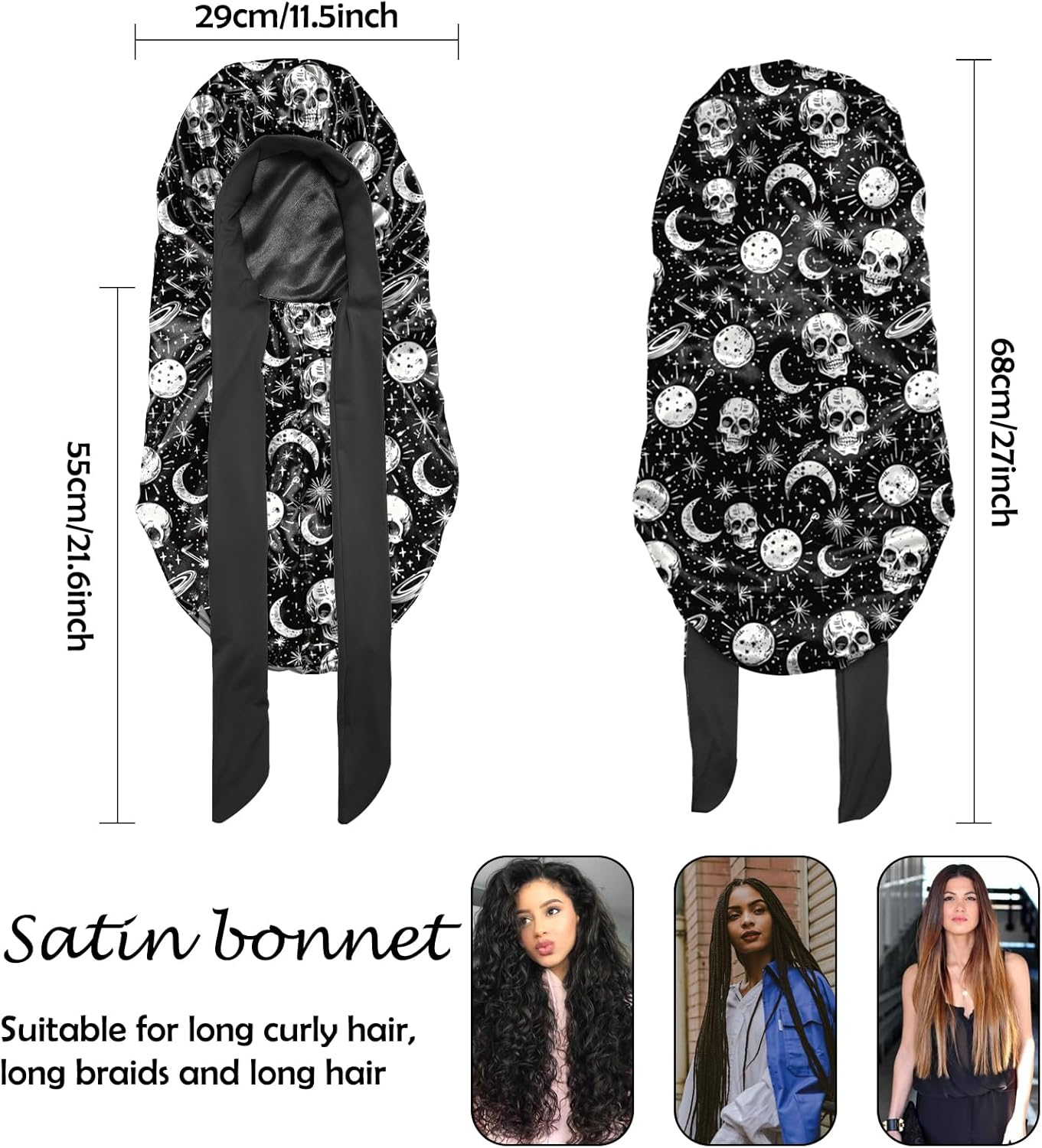 BHAHB Silk Feeling Long Satin Bonnet for Sleeping Adjustable Double Layer Elastic Reusable Long Hair Caps Cute Women Girls