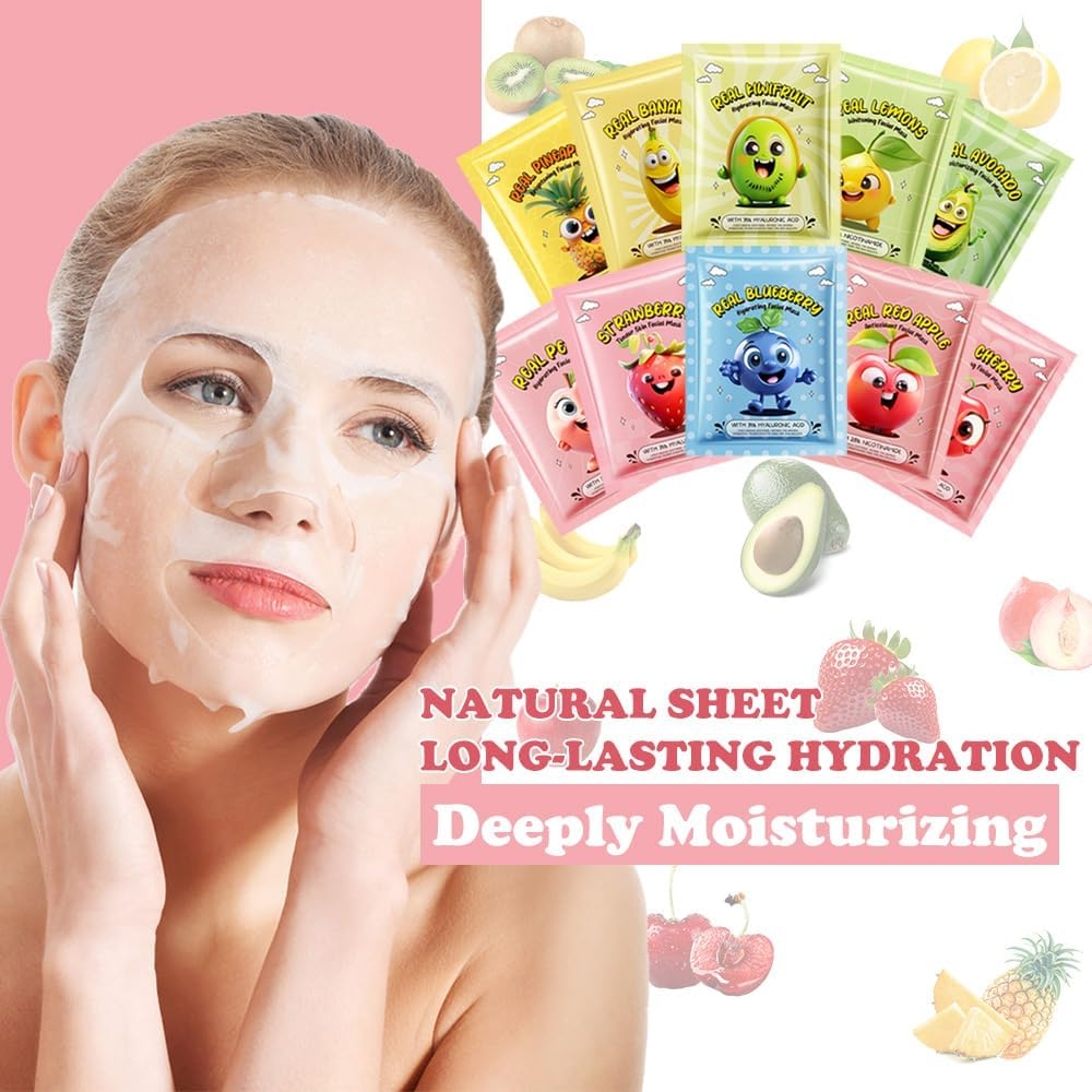 10 Pack Fruit Face Mask,Facial Mask for Kids Skin Care Moisturize,Brighten Soothe Spa Party Face Mask Set for Women Men Girls Nourish for All Skin Types image number 2