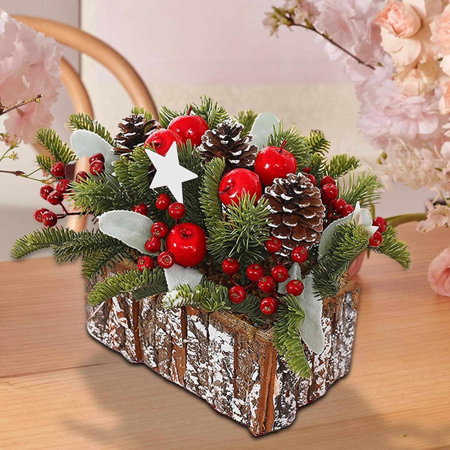 Christmas Centerpiece, Potted Christmas Tree, Christmas Table Decoration, Xmas Artificial Plants for Desk, Home Indoor, Red Fruit image number 1