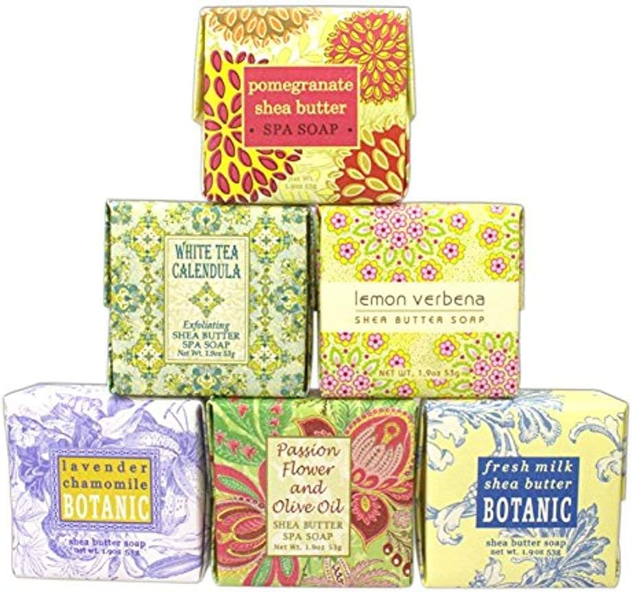 Bundle of 6 Greenwich Bay Trading Co. Soaps - 60Ml Soaps in the following Scents: Fresh Milk, Lemon Verbena, White Tea Calendula, Lavender Chamomile, Pomegranate Shea Butter, and Passion Flower and Olive Oil