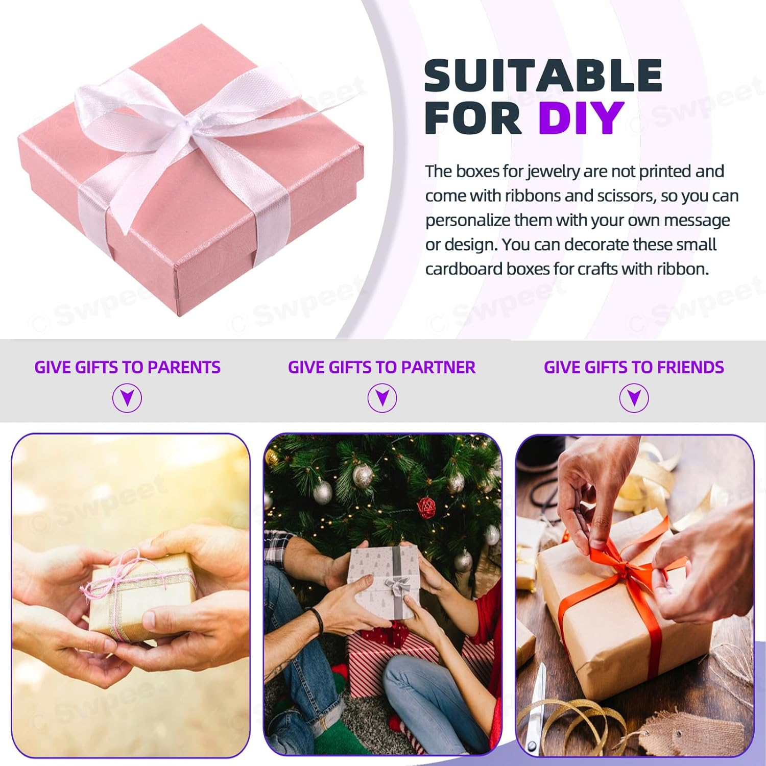 Swpeet 12Pcs Pink 3.5 X 3.5 X 1.2Inch Fan Pattern Cardboard Jewelry Gift Boxes with Scissors and Polyester Ribbon Assortment Kit, Necklace Earring Bracelet Boxes Gift Case for Jewelry Storage - Pink image number 2