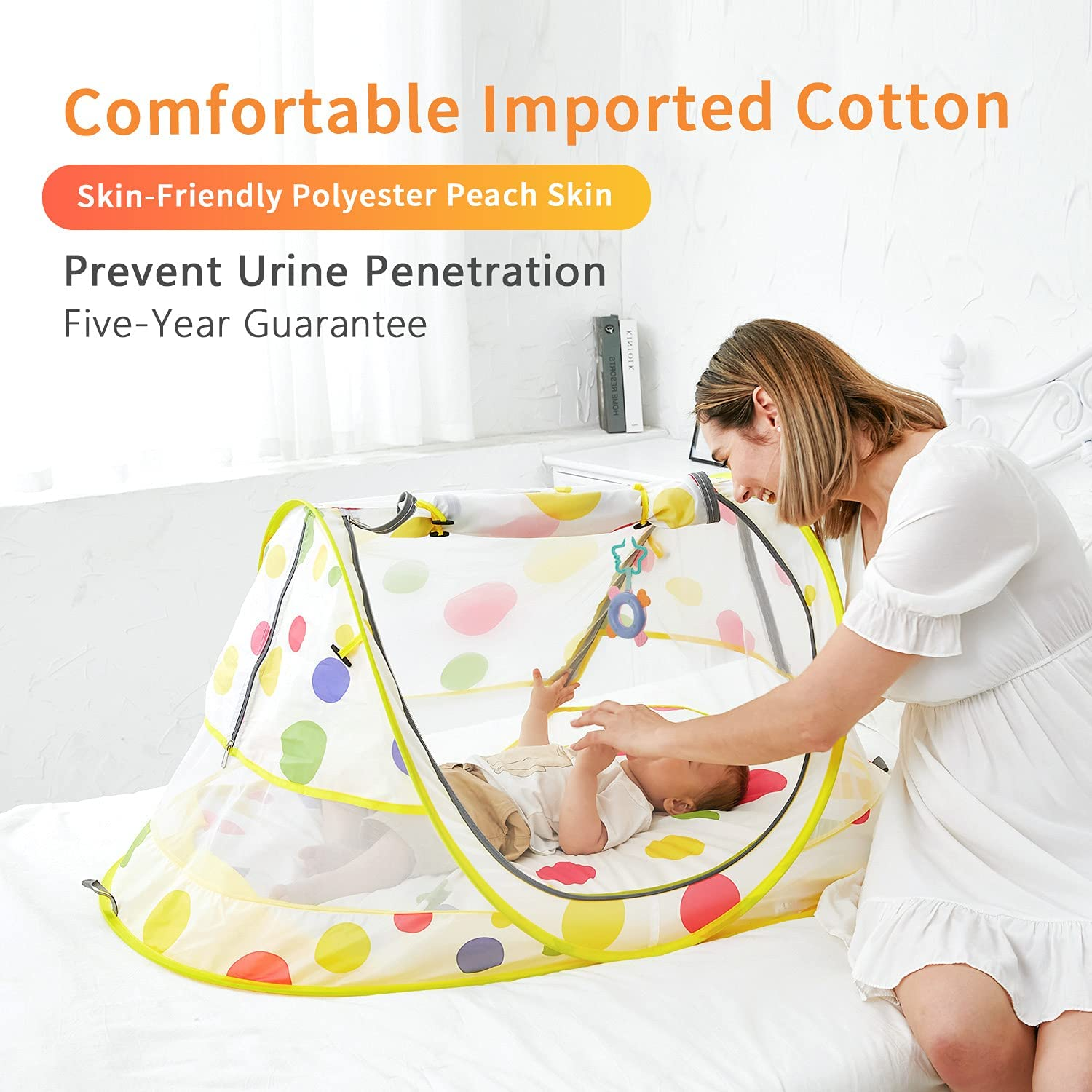 Stlove Travel Cot Foldable Pop up Portable Ultralight Weight Baby Beach Tent Infant Crib Mosquito Net Travel Bed Include Blanket Prevent Urine Penetration Peach Skin Velvet 111 * 68.5 * 49Cm Yellow image number 5