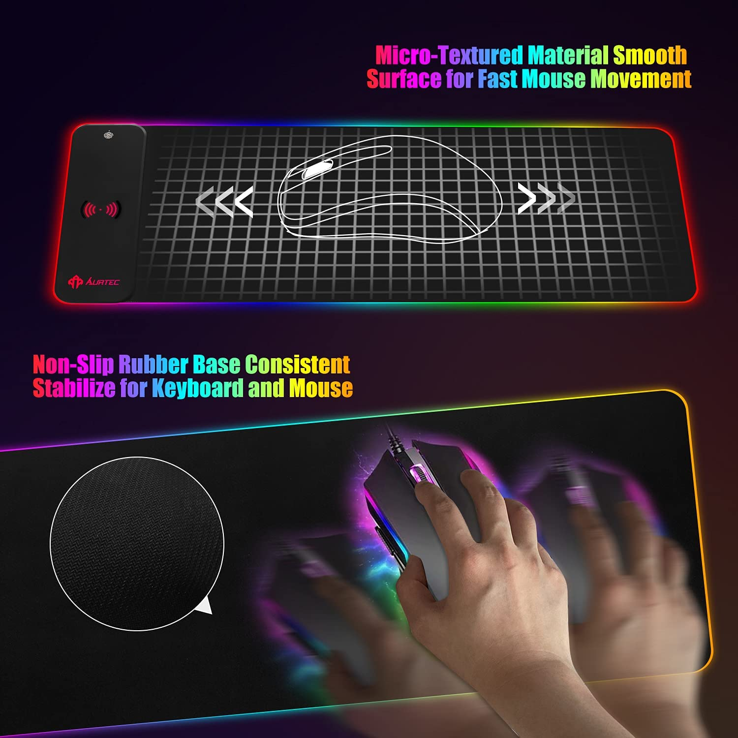AURTEC RGB Gaming Mouse Pad with 15W Fast Wireless Charging, Extra Large Waterproof and Non-Slip Rubber Base Mouse and Keyboard Mat with 10 Lighting Modes, for Gaming, Working, PC, Mac. image number 1