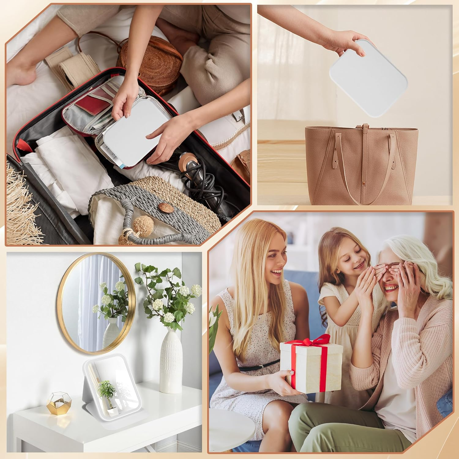 Rechargeable Travel Vanity Mirror with 40 Led Lights, Portable Lighted Beauty Makeup Mirror, 3 Color Lighting, Touch Dimming, Tabletop Folding LED Mirror with Leather Case, White image number 4