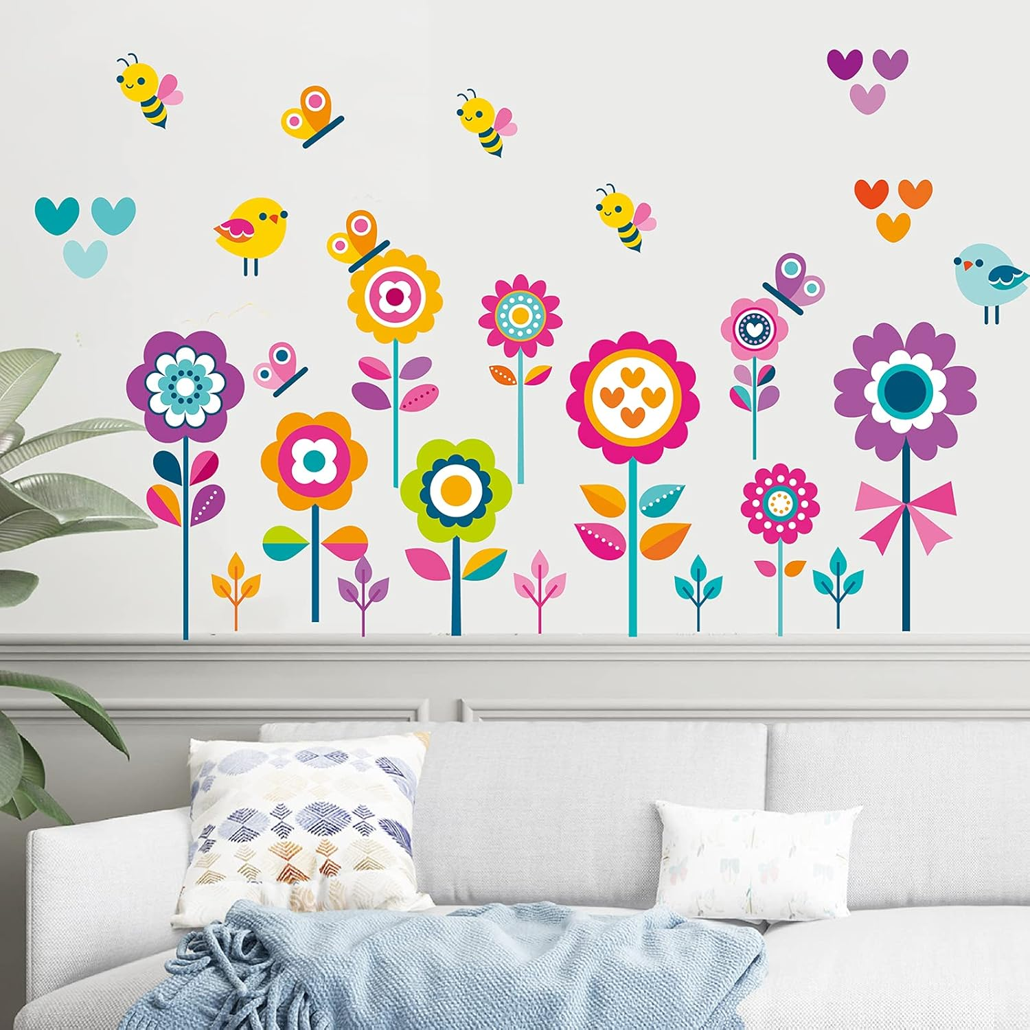 Flowers Wall Stickers for Kids Bedroom -Butterfly Bee Floral Wall Decals for Girls Room,Classroom,Nursery, Playroom- Removable DIY Peel and Stick Wall Art Decor image number 6