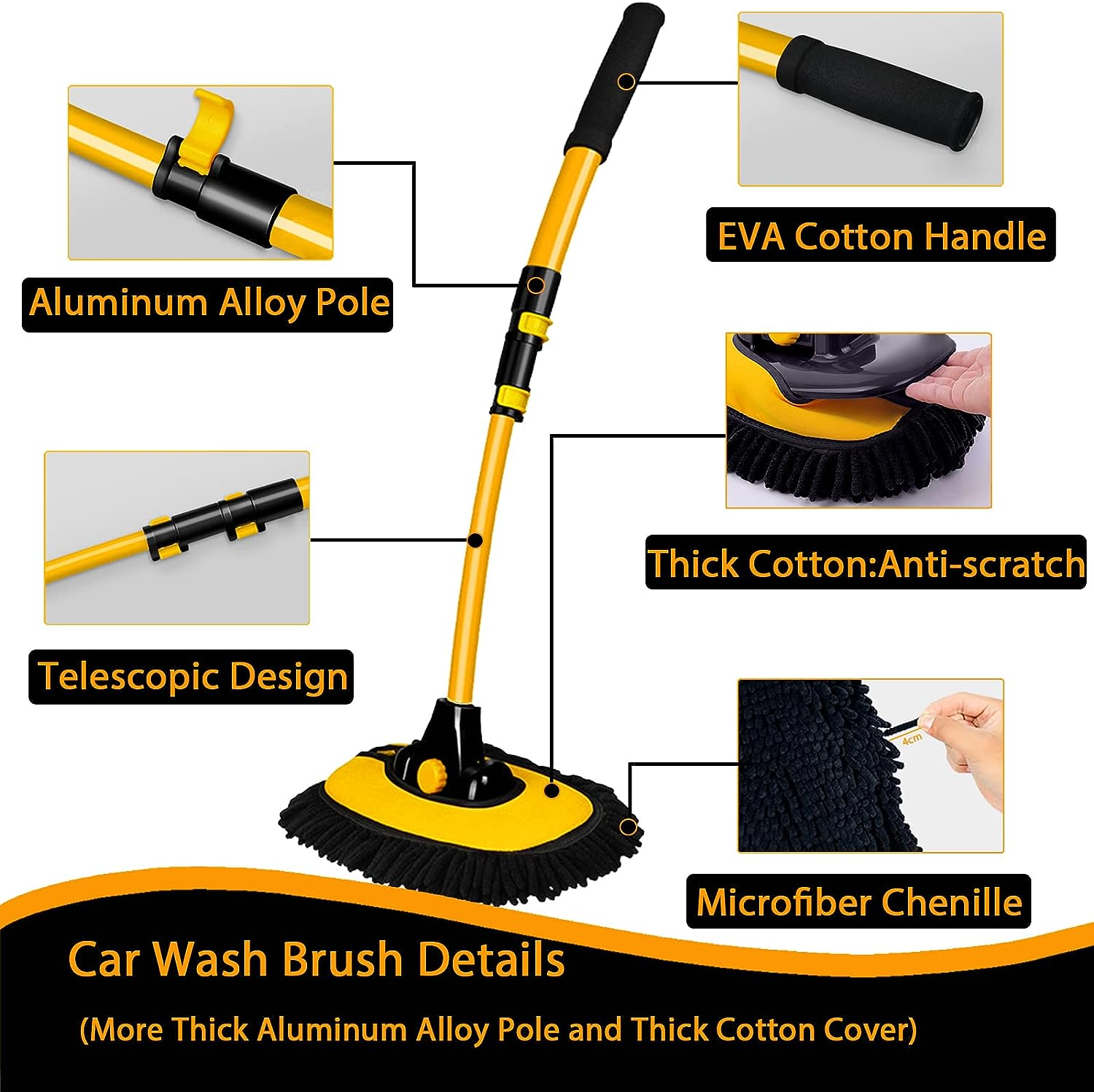 15&deg; Bow Car Wash Brush Kit with Long Handle Telescopic 43" Aluminum Microfiber Cleaning Supplies for Motorhome Truck Car Boat Scratch-Free Cleaning Tool Washing Set Detailing Brush image number 1