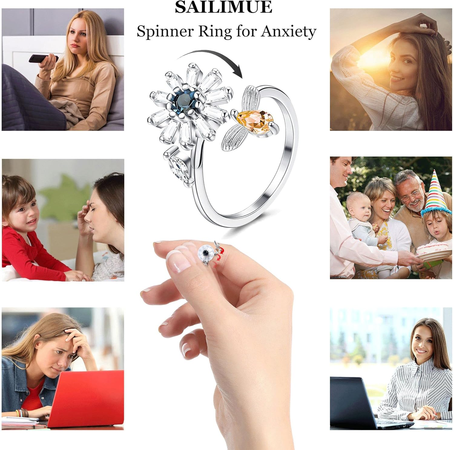 Kakonia 9Pcs Fidget Anxiety Rings for Women Spinner Fidget Rings for Anxiety Adjustable Cubic Zirconia Flower Butterfly Sunflower Bead Stress Relief Spinning Stackable Ring Set with Box image number 1