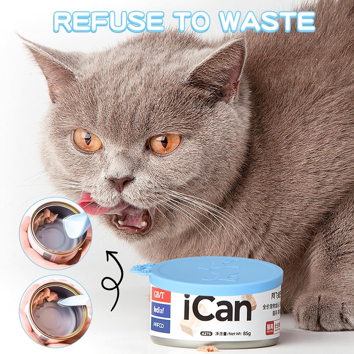 Naapesi 4 Pieces Can Lids for Tins with Spoons, Universal Size Tin Can Covers Lids, Silicone Lid Can Tops Cover for Cat Dog, Standard Size Can Tops and Spoons, Dog Food Tin Lids Covers for Cans