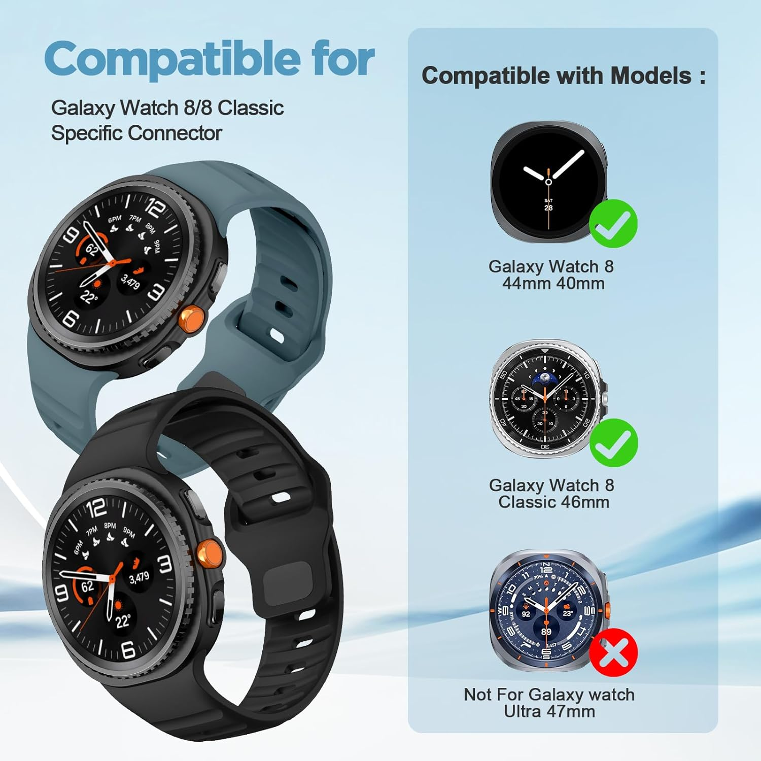 XMUXI Compatible with Samsung Galaxy Watch 8 Strap 44Mm 40Mm, Silicone Sport Breathable Bands for Galaxy Watch 8 Classic Straps 46Mm (No Watch)