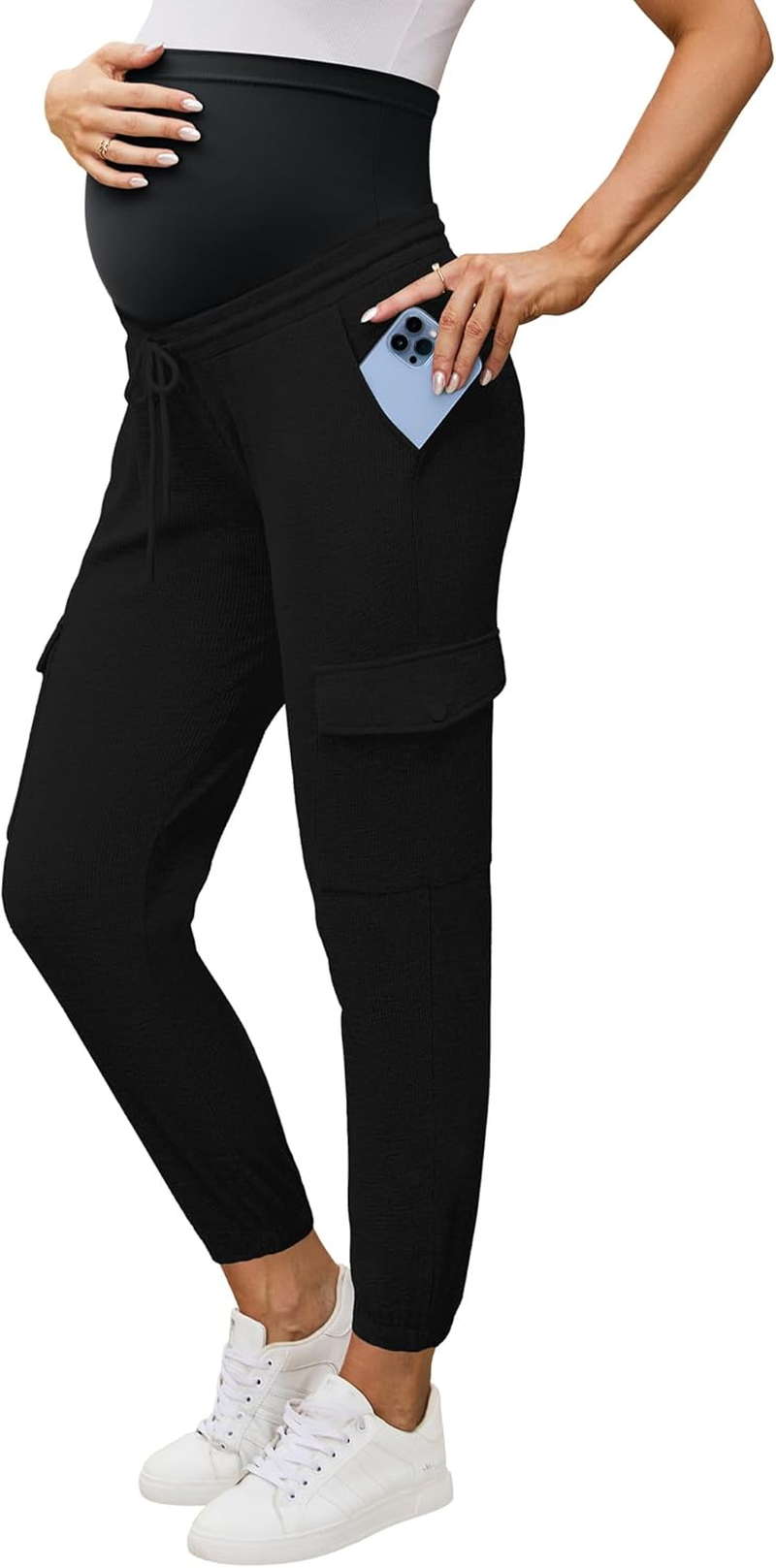POSHGLAM Women'S Maternity Cargo Pants Joggers Casual Workout Comfy Stretch Sweatpants with Drawstrings with Drawstrings image number 2