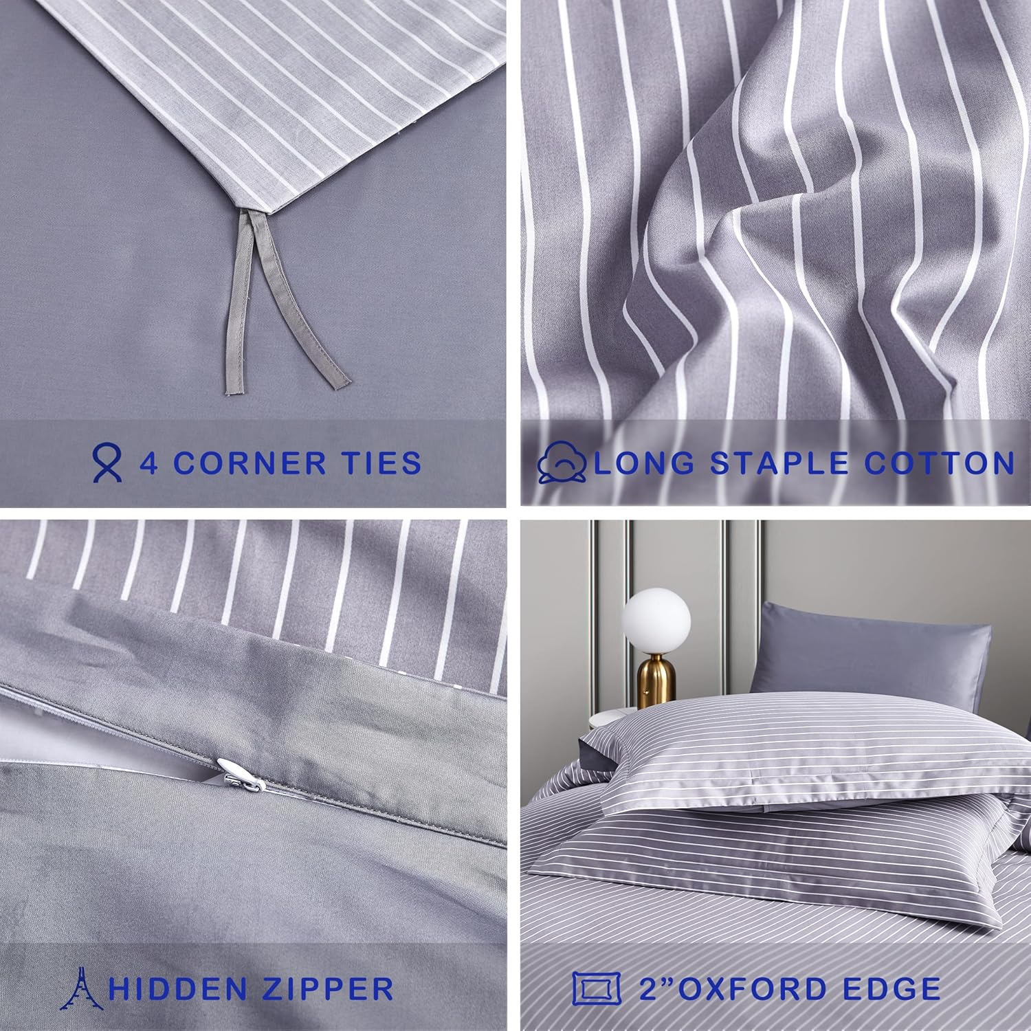 ACCURATEX Quilt Cover Set Double Size,400Tc Long Staple Cotton, Sateen Weave Percale Luxe Comforter Cover with Zipper Closure&Corner Ties,3 Pcs Hotel Duvet Cover with Pillow Shams(Striped Grey180X210) image number 4