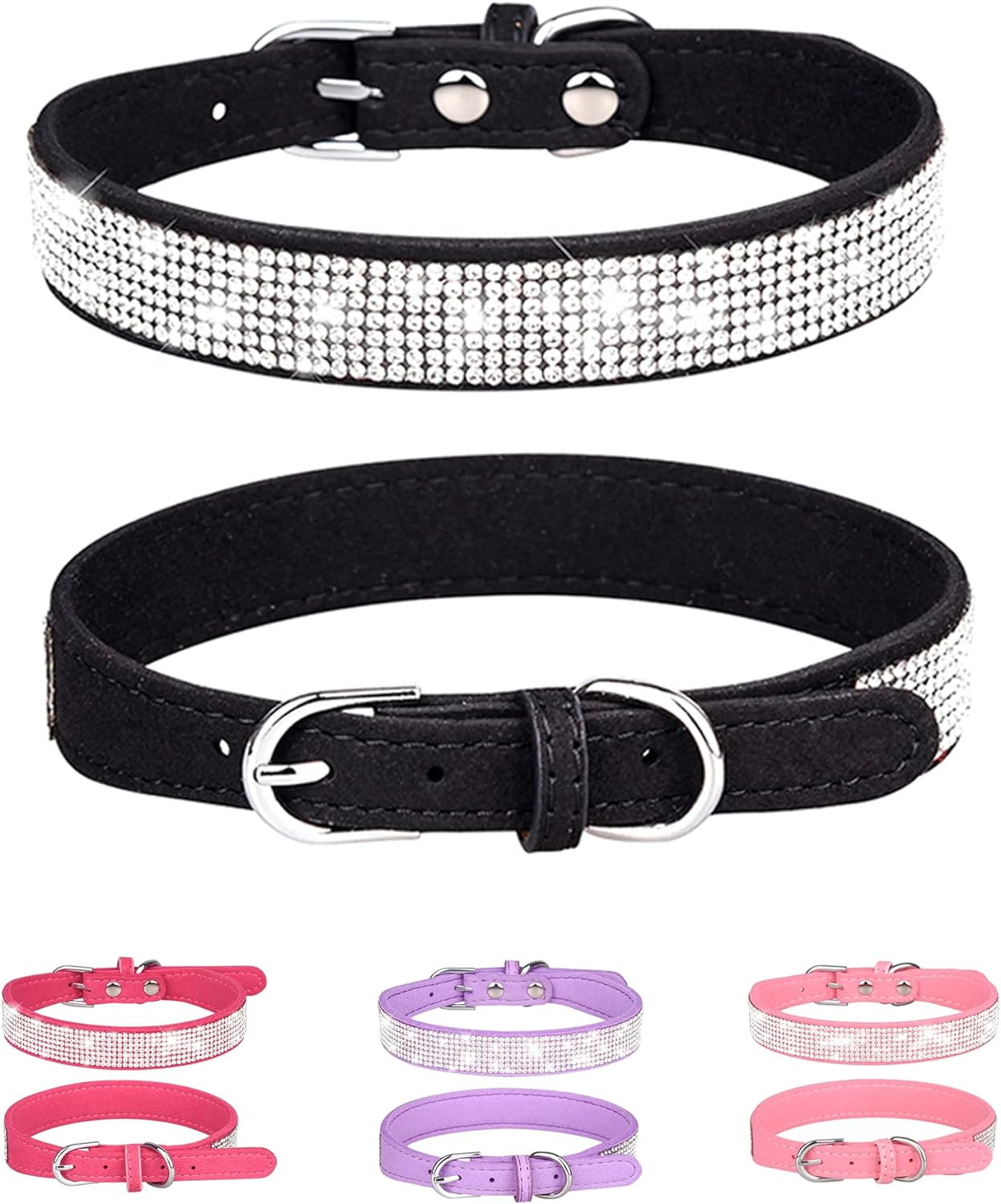 Dog Collar for Small Dogs, Adjustable Leather Suede Bling Dog Collars，Pink Dog Collar Cat Collar, Rhinestone Dog Collar(S, Pink)