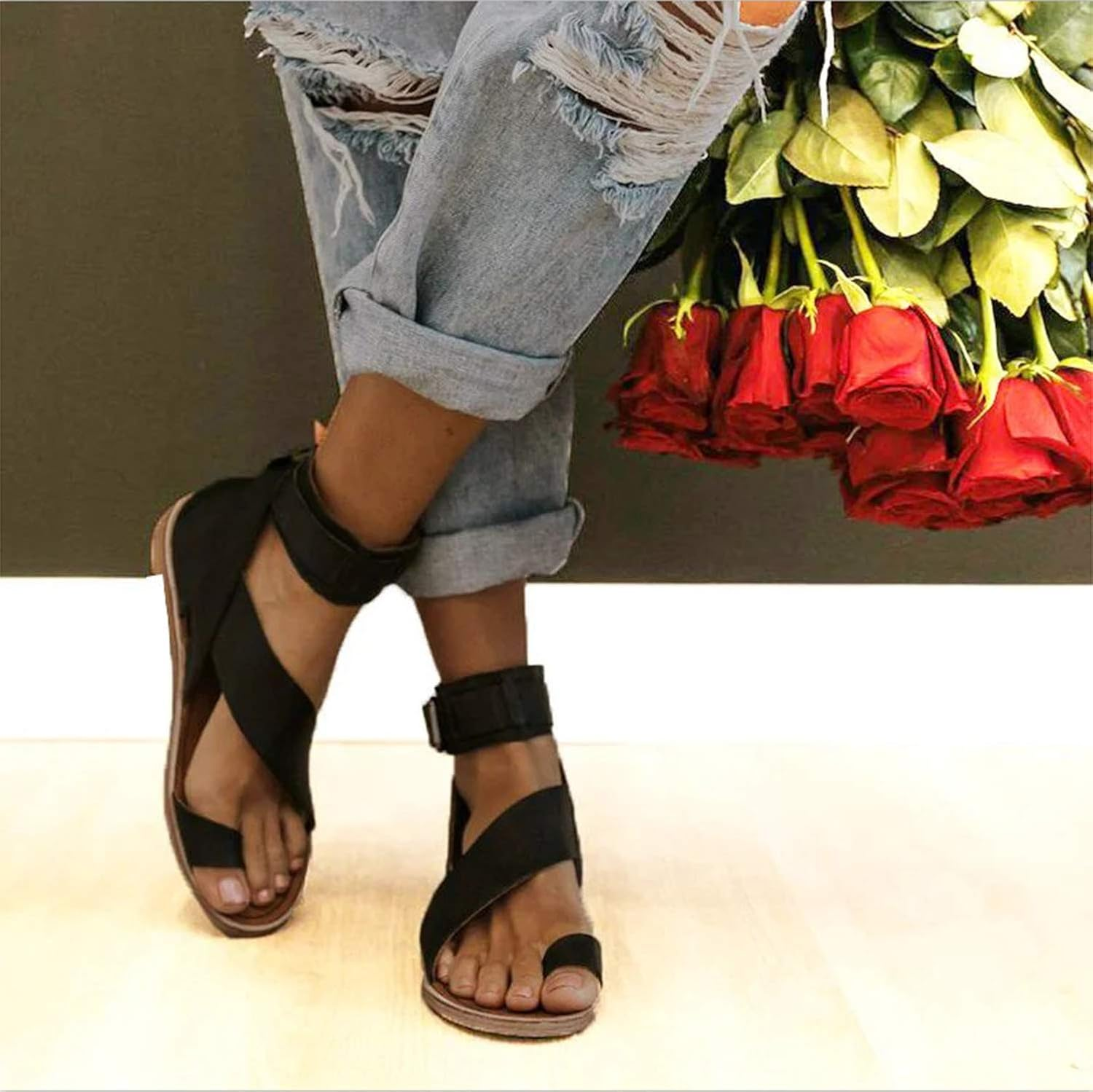 Womens Sandals Summer Beach Shoes Retro Flat Sole Sandal Roman Toe Fashion Comfy Casual for Ladies Fashion Sandals (2 40 EU) image number 3