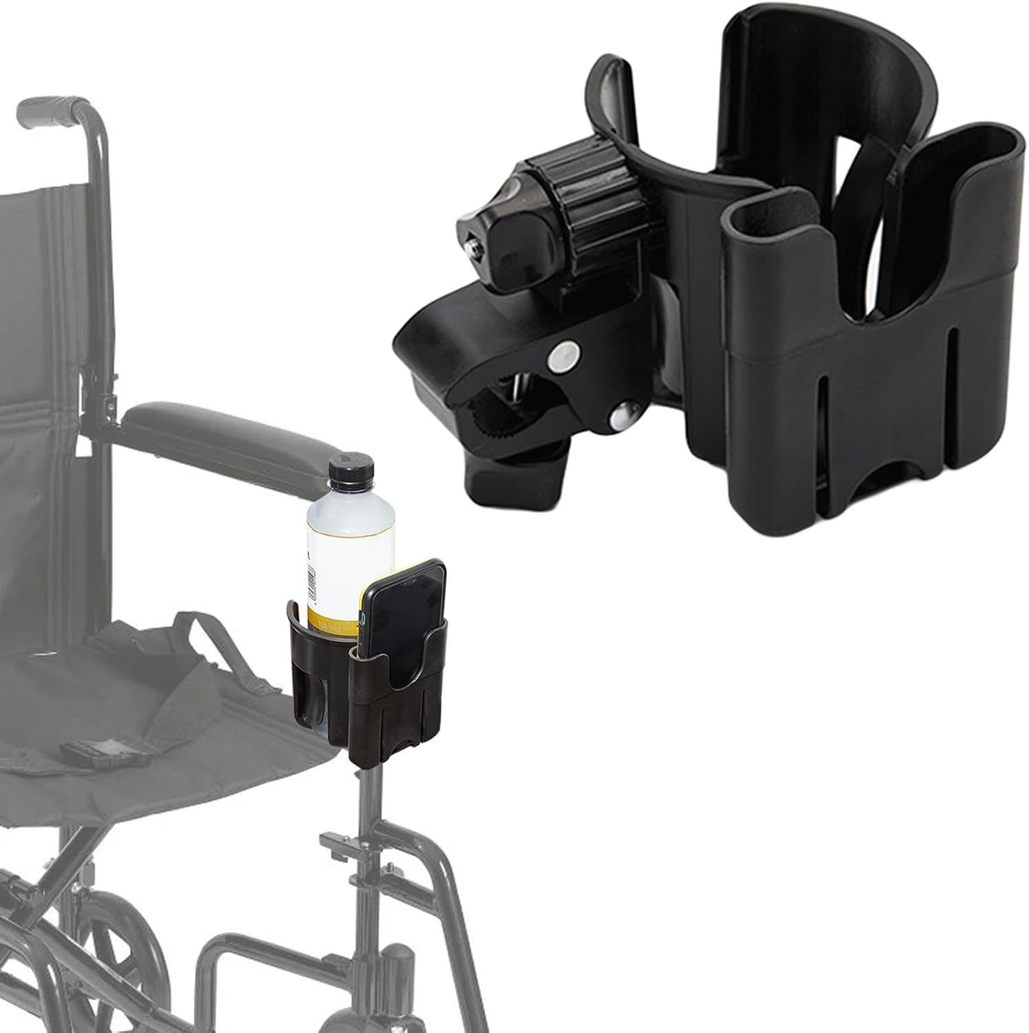 Cup Holder for Wheelchair, Scooter, Walker, Rollator - 2 in 1 Water/Drink Bottle Holder and Phone Bracket Accessories, Adjustable, 1 Pcs (Black-B) image number 2