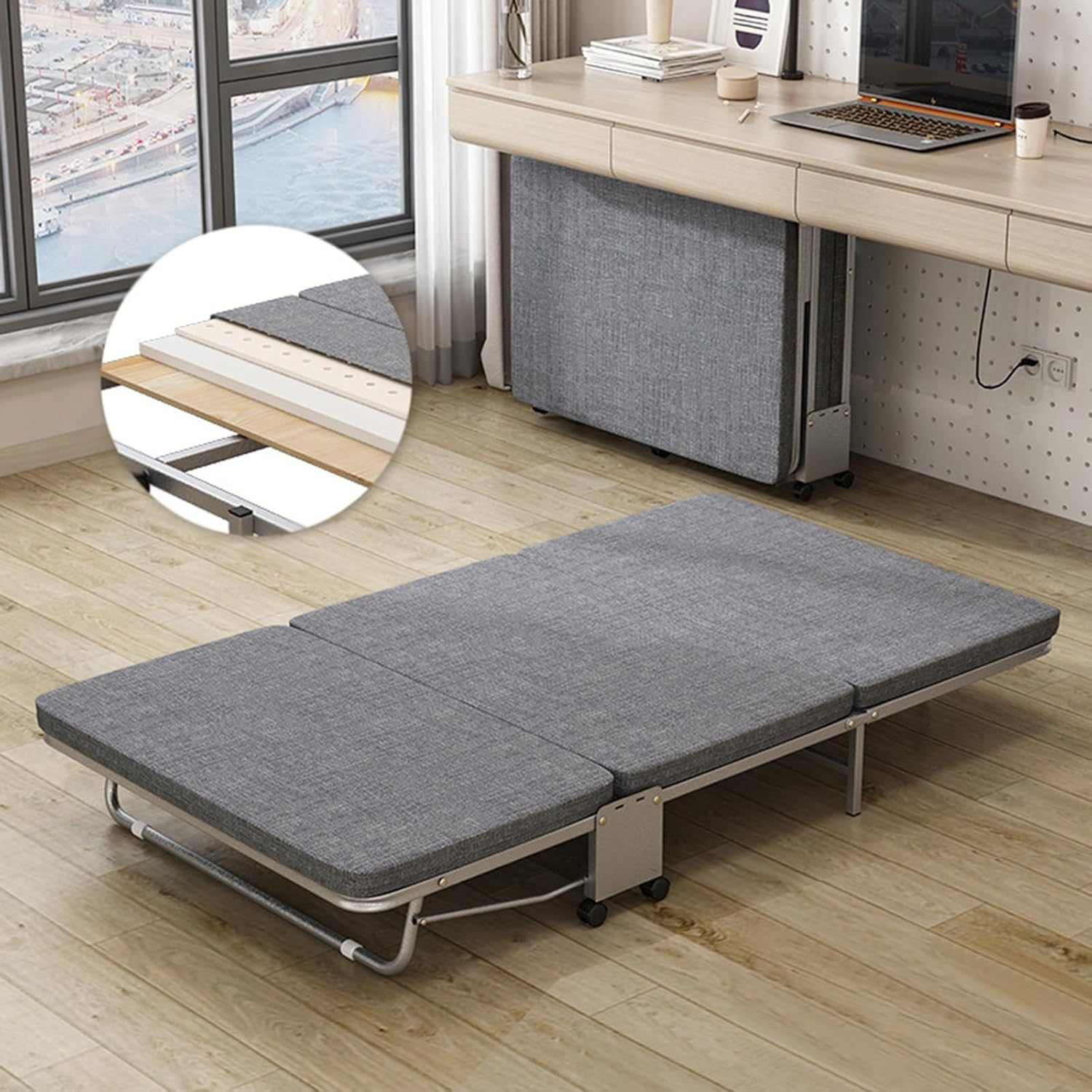 LIODUX 3-Folding Bed with Mattress, Office Portable Foldable Bed, Roll Away Beds Guest Bed on Wheels, with Memory Foam Mattress & Reinforced Frame, Space Saving Office Bed (100 X 180CM) image number 5