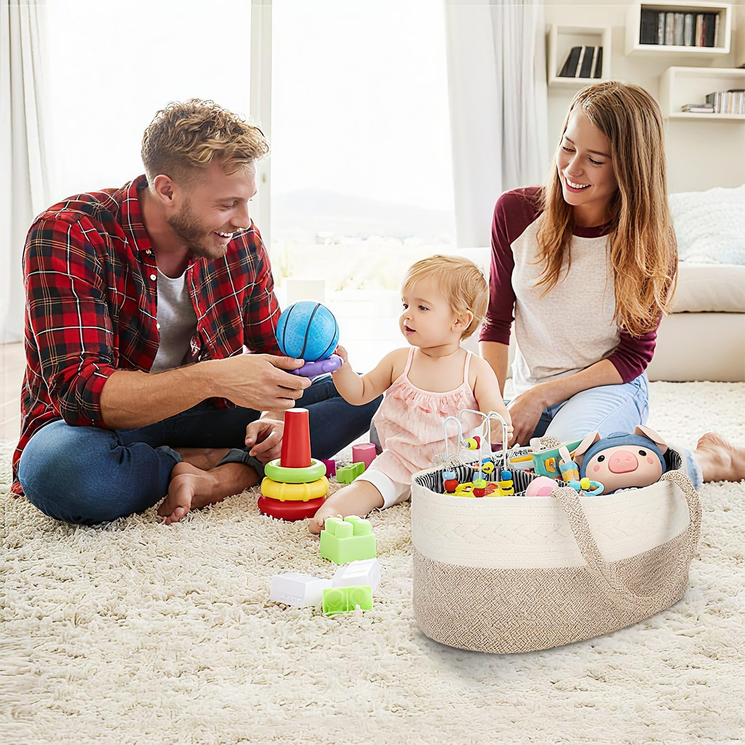 Diaper Caddy Organizer, Baby Storage Basket, Nursery Bin and Car Organizer for Diapers, Gift Basket for Baby Shower List or Newborn Essentials, Boys and Girls -(Beige)