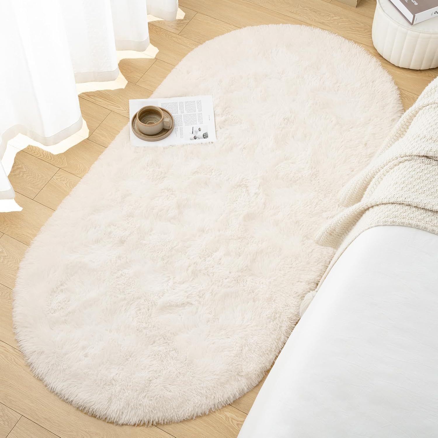 Oval Shaggy Bedroom Rug 2.6 X 5.2 Feet Fluffy Area Rugs for Girls Boys Kids Room Nursery Floor Carpet Home Decoration, Cream image number 1