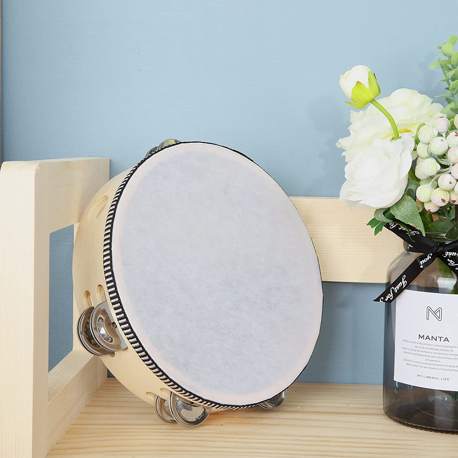 3 Pack 8 Inch Wood Tambourine with Metal Jingles - Hand Held Musical Instrument for Adults, KTV, Party, Church - Educational Rhythm Percussion (Single Row)