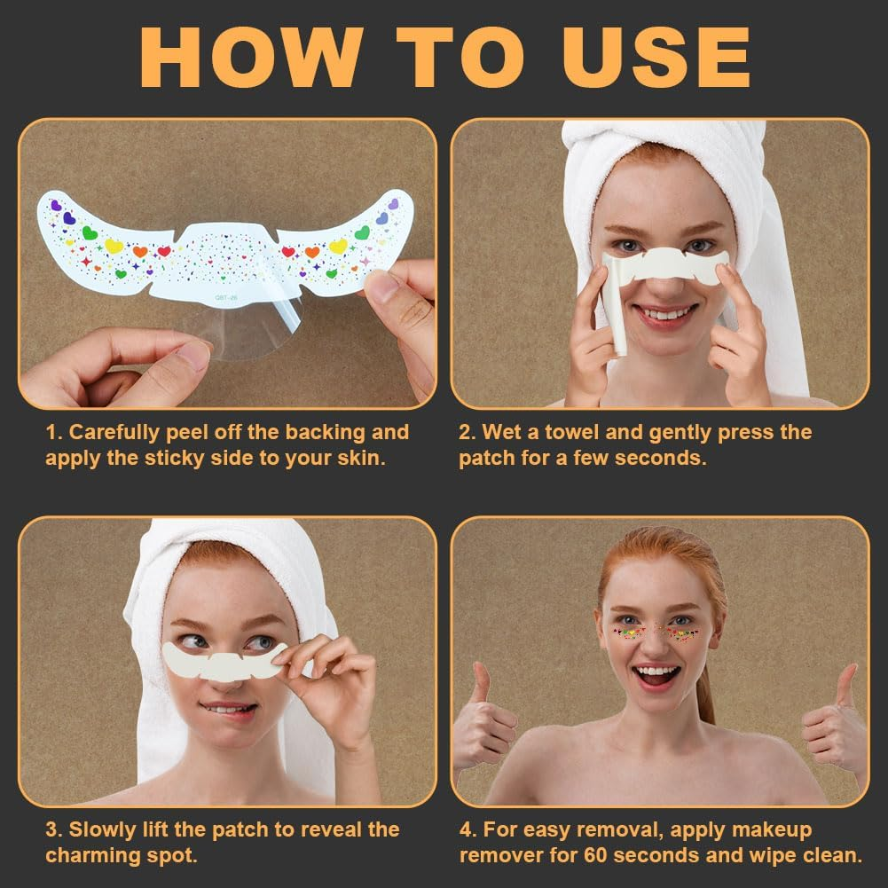 LOPHE Temporary Freckles Tattoos 12PCS Freckles Glitter Temporary Tattoos Heartproof Waterproof Tattoos Colorful Stars Heart for Carnival Shows Party Festival image number 4