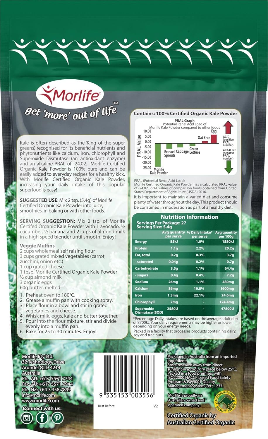 Morlife Kale Powder Certified Organic 150G - Gluten Free - Vibrant Colour and Excellent Taste - Free from Artificial Colours, Flavours, Preservatives and Sweeteners image number 1