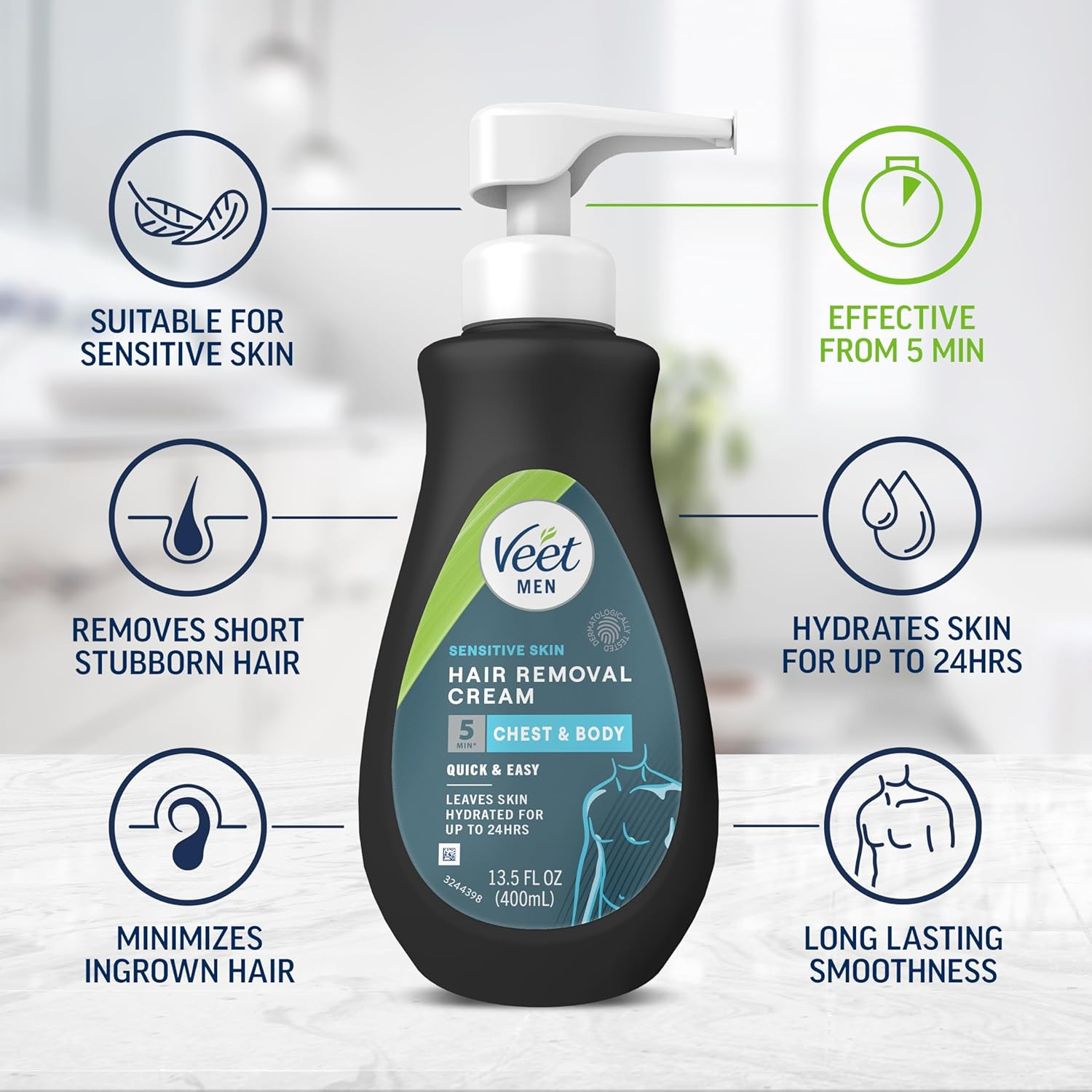 Veet Hair Removal Cream for Men, 5 Min Sensitive Skin, Hair Removal Gel for Body, Chest & Back, Dermatologically Tested, 13.5 FL OZ W/Spatula