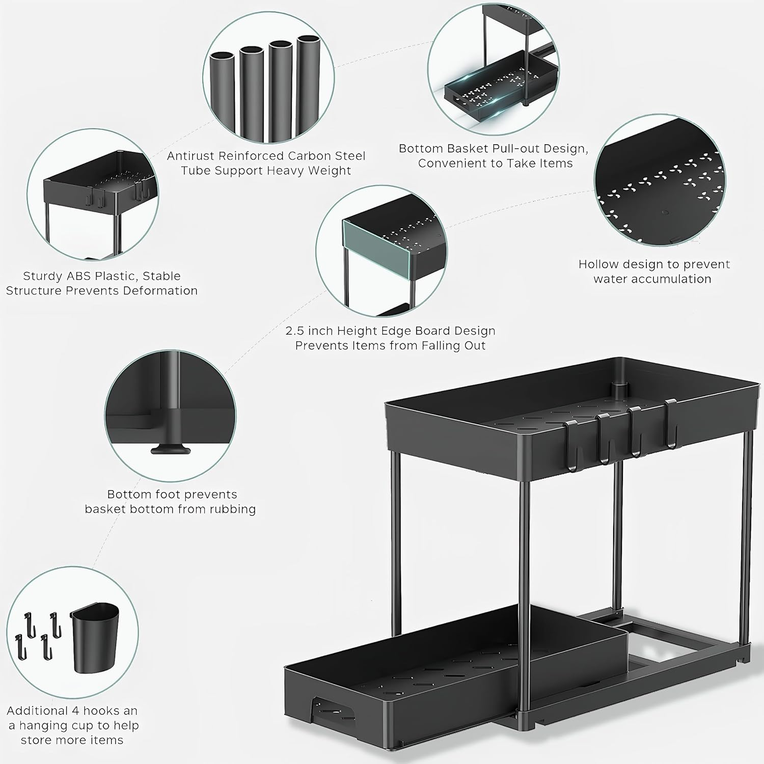 Kintiva 2 Pack under Sink Organiser, 2 Tier Sliding Storage Rack for Kitchen Bathroom Cabinet (Black) - Black image number 3