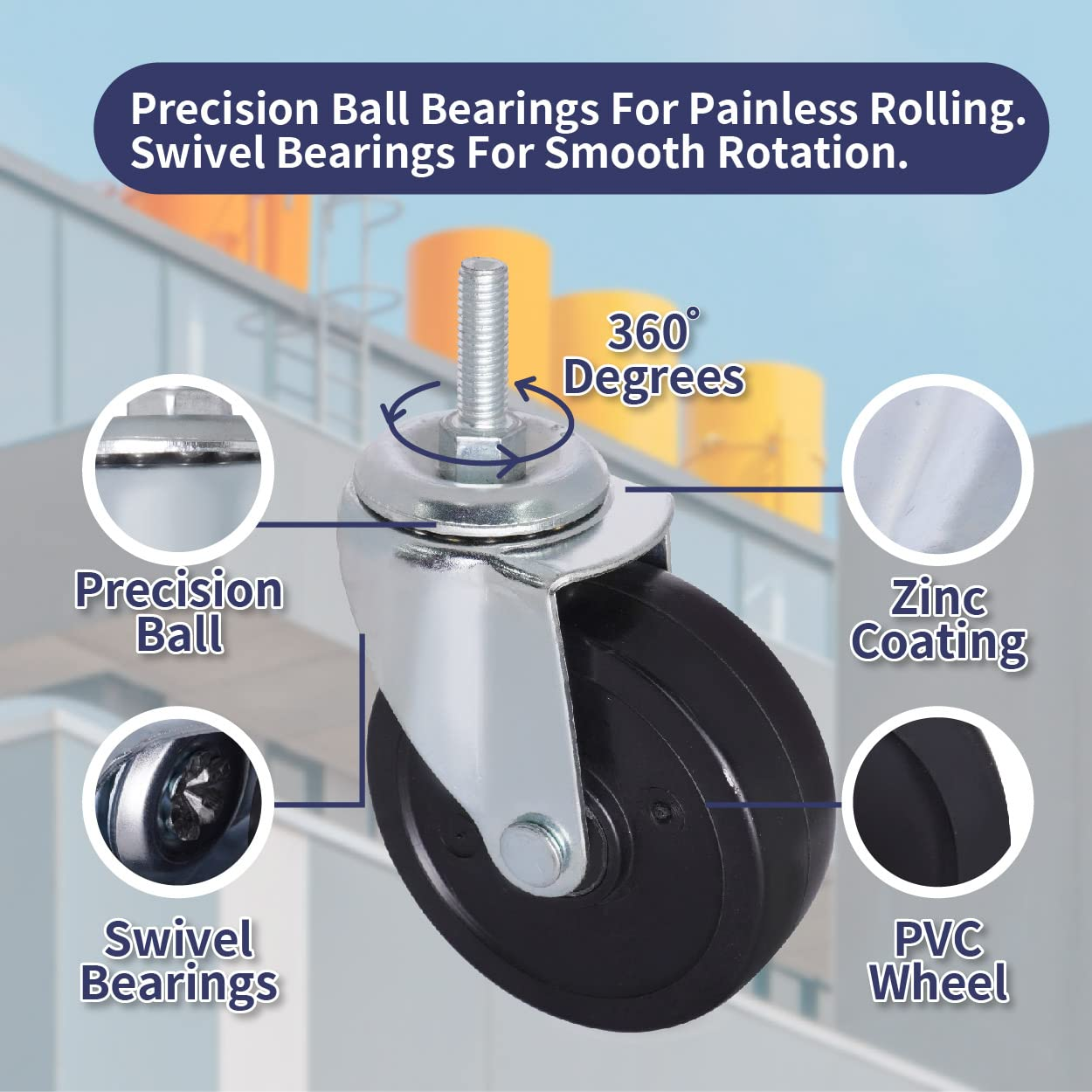 AXL 3 Inch 3/8"-16X1 Threaded Stem Wheel Castors (Screw Diameter 3/8", Screw Length 1"), Wheel Replacement for Clothing Garment Rack, Shelving Rack, Whiteboard, Set of 4, Castor Wheel with Bolt
