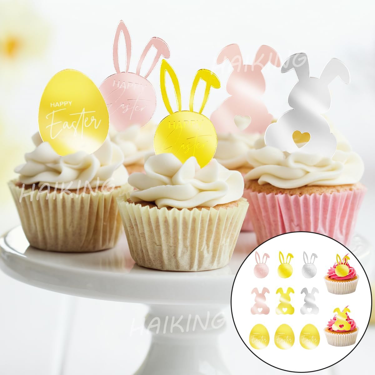 HAIKING Easter Cupcake Toppers, 9 PCS Plastic Mirror Engraved Cupcake Decorations for Easter Day, Party Supplies, DIY Craft (3 Styles)