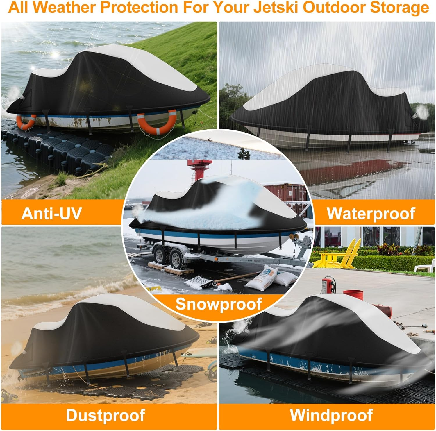 Jet Ski Covers,Upgraded 900D Waverunner Cover Waterproof,Durable Jet Ski Cover 3 Seater with 2 Air Vents，4 Windproof Buckles，Easy on Universal Cover for Seadoo Spark(Silver-Black, XXL:121"-135")