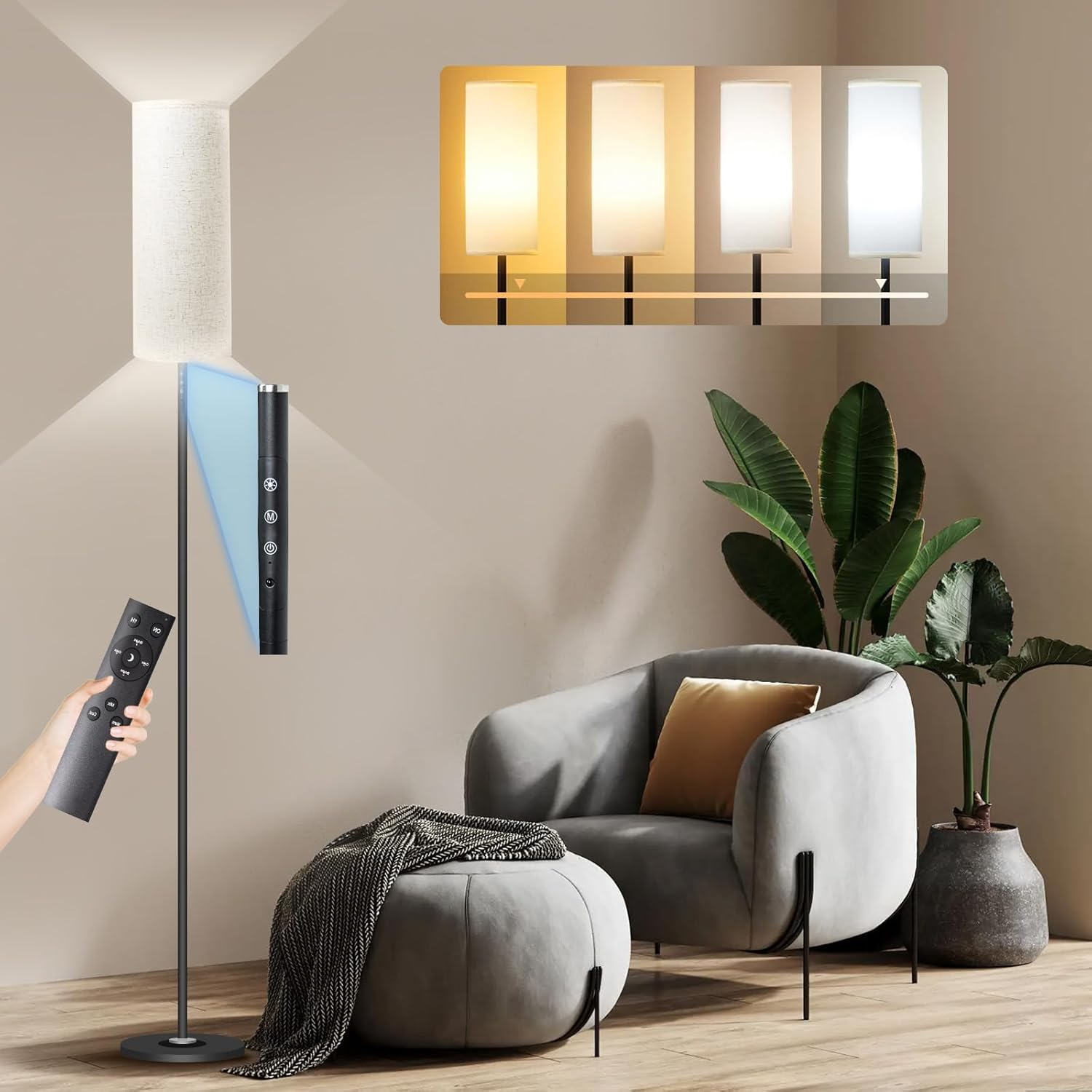 Crospin Dimmable LED Floor Lamp, Floor Lamp for Living Room, 3 Color Temperatures, Remote and Touch Control, Modern Standing Lamp Suitable for Office, Bedroom, Living Room(Long Linen Lampshade) image number 4