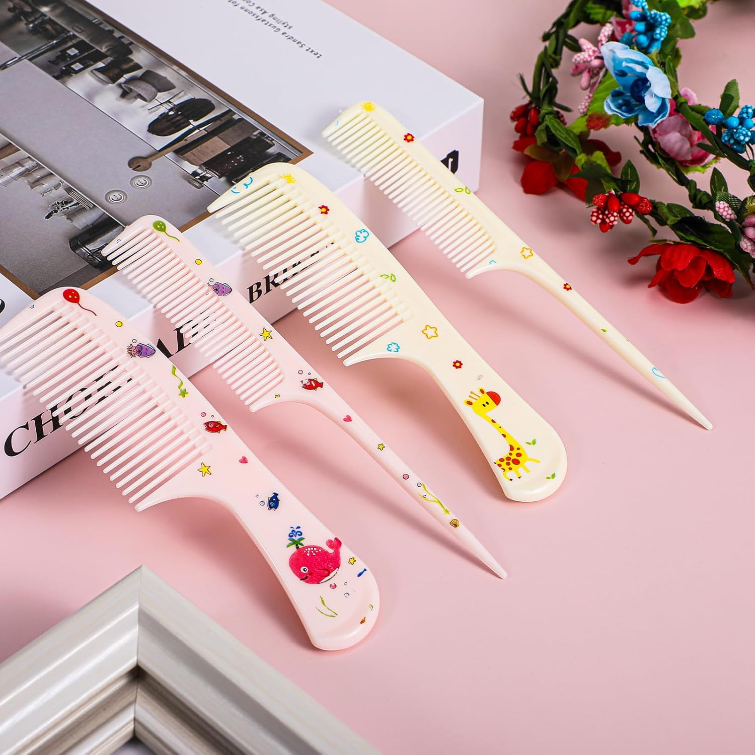 4Pcs Toddler Comb Set, Small Cute Fine Tooth & Rat Tail Baby Comb for Kids Styling, Mini Hair Comb Plastic Parting Combs, Anti-Static Hairdressing Baby Comb for Girl Wet Dry Hair (Pink Yellow) image number 1