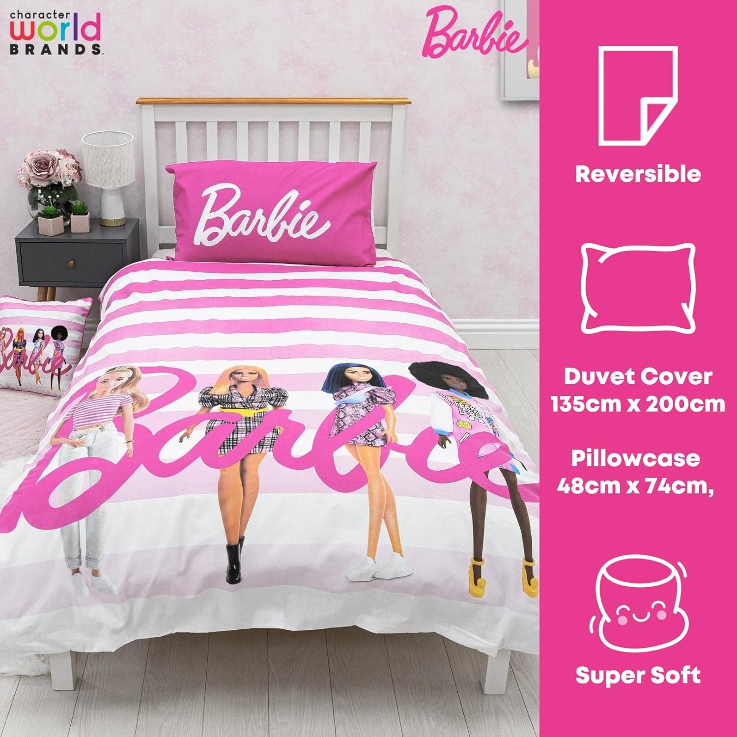 Barbie Character World Official Single Childs Duvet Cover Set |Sweet Design Reversible 2 Sided Bedding Including Matching Pillow Case Brands Single Bed Set | Polycotton image number 5