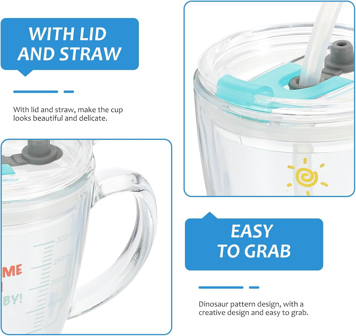 SEWACC Cartoon Sip Cup Glass Tumbler with Lid and Straw Kids Milk Juice Cup with Scale for Home Office Cafe Use image number 5