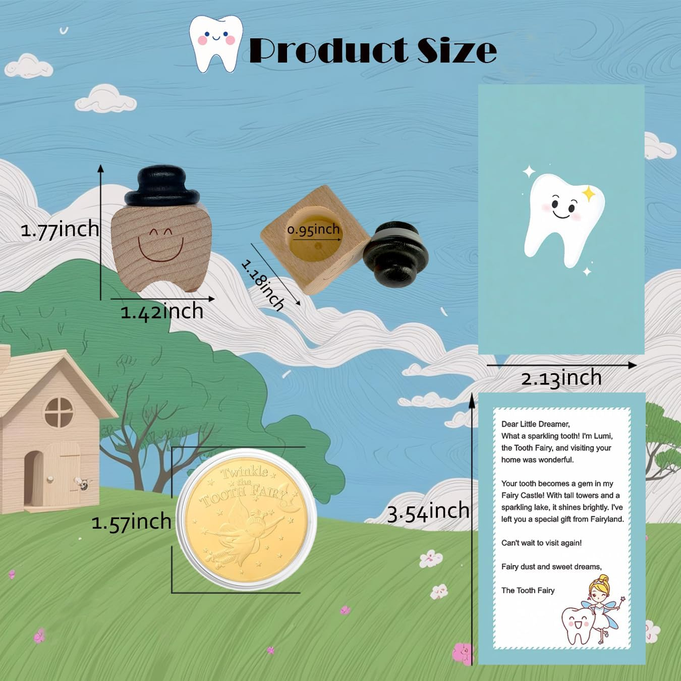Fenikle Tooth Fairy Box, Cute Teeth Shape Wooden Box with High-Quality Tooth Fairy Coin and Encouragement Cards. Tooth Keepsake Box for Kids&rsquo; Lost Teeth. Best Baby Gifts for Boys and Girls. image number 2