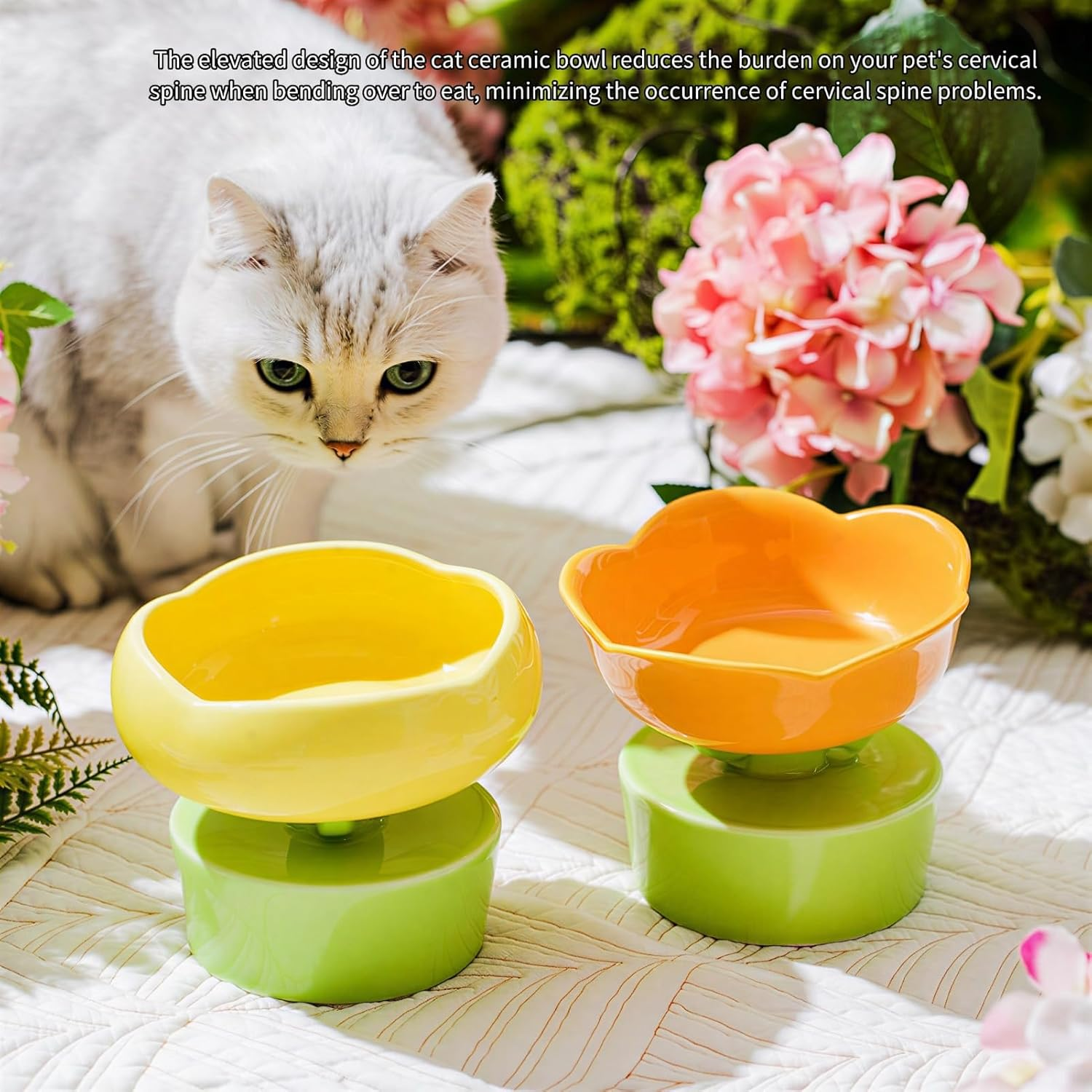 Ceramic Cat Food Bowl Cute Flower Shape Large Capacity, Neck Spine Protection Raised Pet Food Bowl for Cats Dogs Pets, Elevated Cat Ceramic Bowl (Orange) image number 5