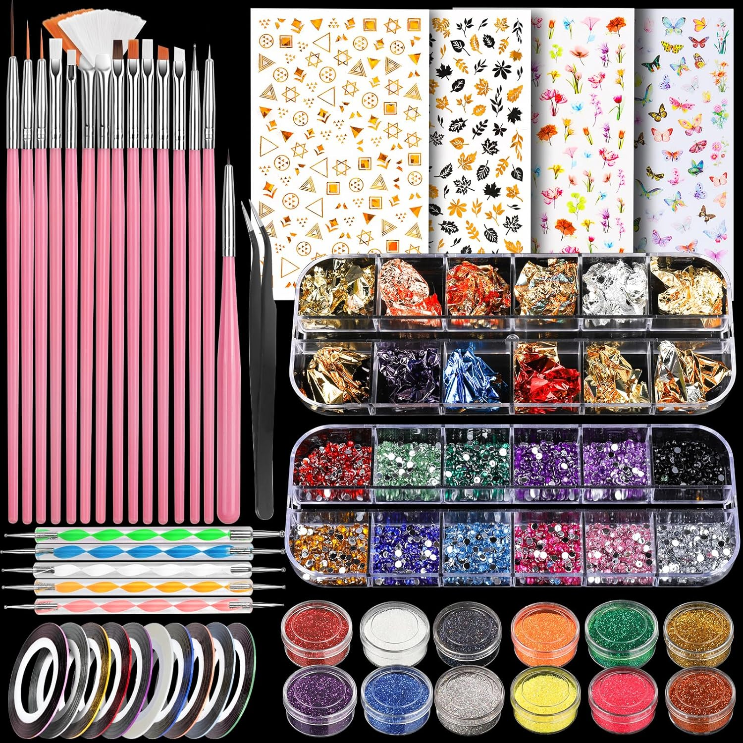 Teenitor Nail Art Kit with Nail Glitter & Nail Sticker, Nail Pen Designer Brush Nail Dotting Tool for Gel Nails Art, Nail Gems Nail Art Striping Tape Nail Art Brushes for Beginners, Gel Nail Brush Set image number 2