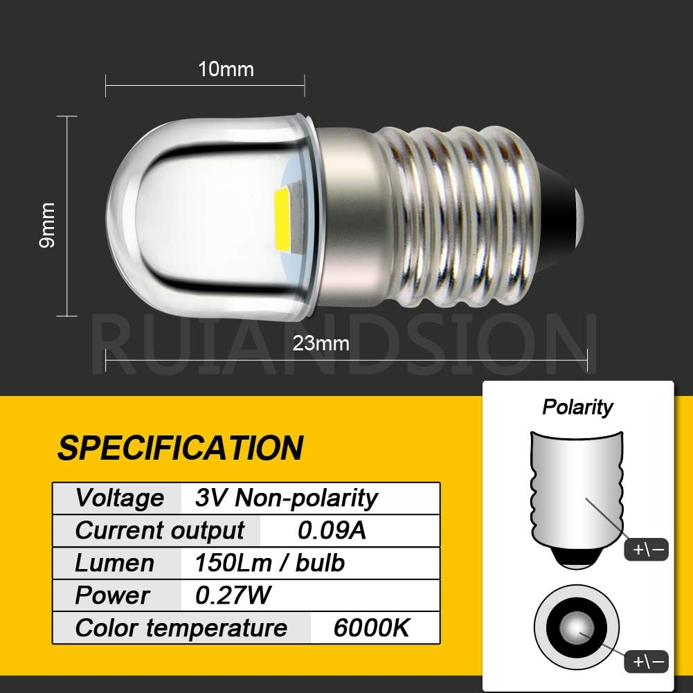 Ruiandsion 10Pcs E10 LED Bulb 3V E10 Base Socket 1W White Replace Torch Headlight Headlamp Mini Head Lamp Flashlight Bulbs,Non-Polarity image number 5