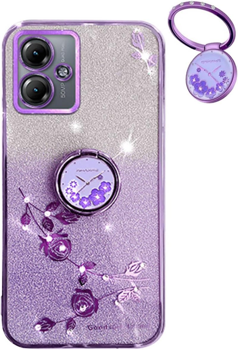 YUECXIN Case for Motorola Moto G55 5G with Shiny Flowers Ring Stand, Cute Bling Women Girls Mobile Phone Case, Ultra Thin Shockproof Soft TPU Silicone Protective Case, Pink