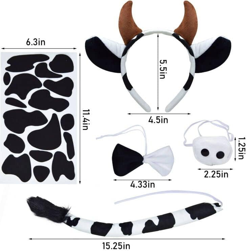 U-Zomir Cow Costume Set, Cow Ears Headband Nose Bow Tie Tail and 51Pcs Adhesive Felt Pads for Halloween Cosplay DIY Dress Up - Black image number 3