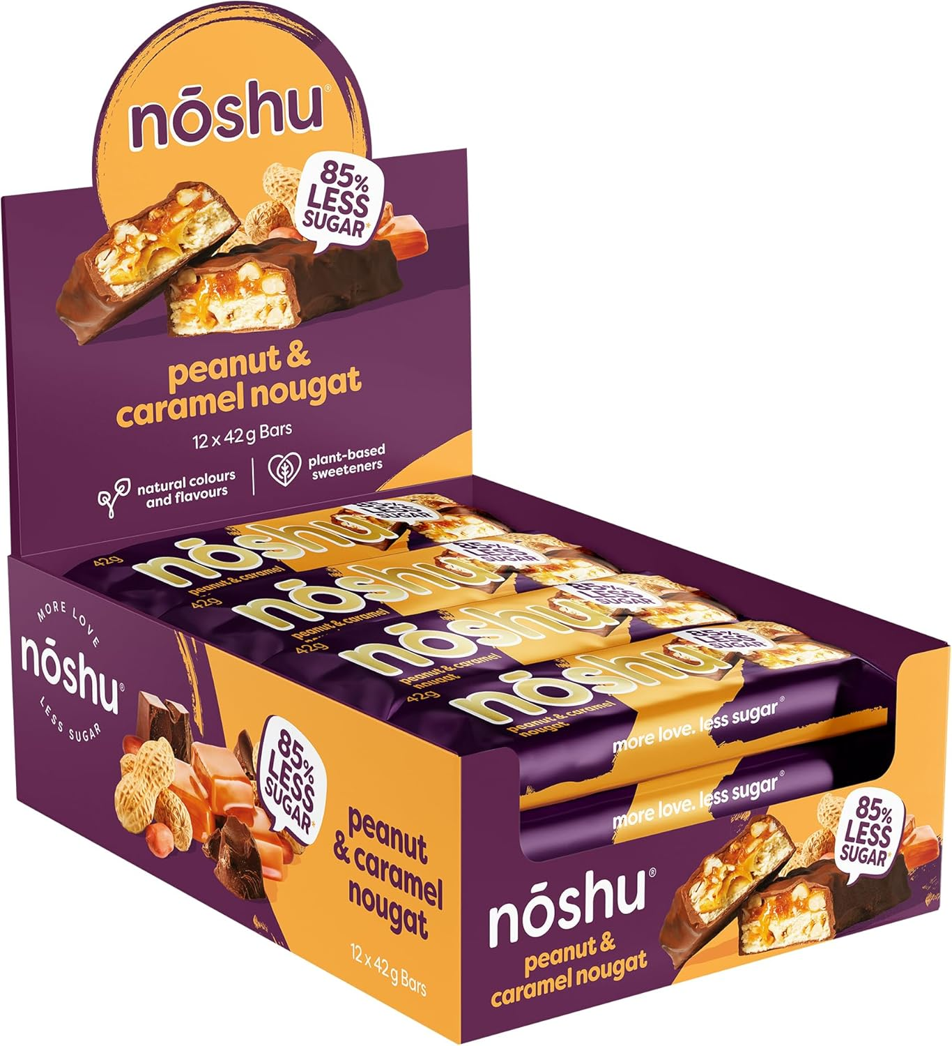 Noshu 85% Less Sugar Milk Chocolate Peanut & Caramel Nougat Bar (12 X 42G Bars) image number 1