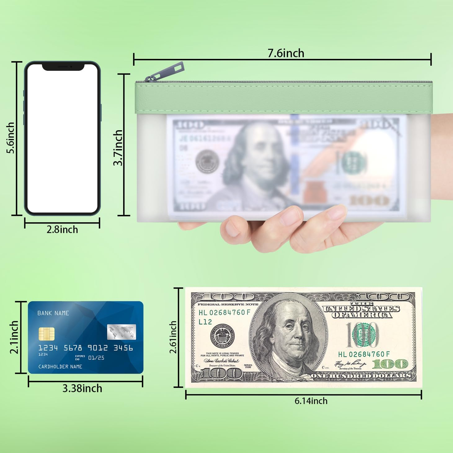 4 Pieces Money Bags with Zipper, Cash Envelopes,7.6 X 3.7 Inch Money Pouch, Clear Bank Deposit Bags, Bank Bag, Cash Bag, Coin Bag for Collectors, Multi-Purpose Check Wallet with 4 Colors, Green, 7.6 X - 8 Colours image number 7