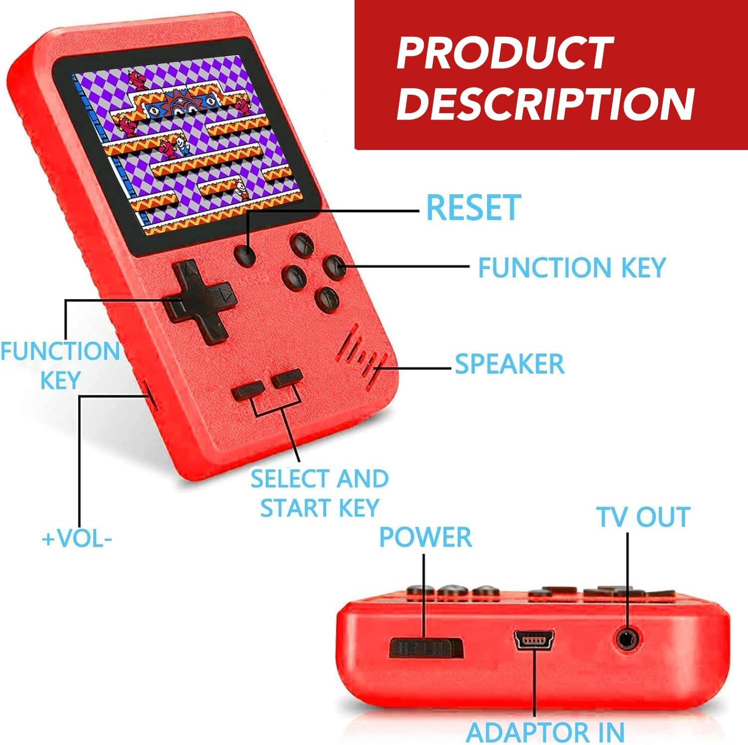 PTEROMYS Retro Handheld Game Console with 500 Classical FC Games-2.8 Inches Screen Portable Video Game Consoles (Game-Red) image number 4