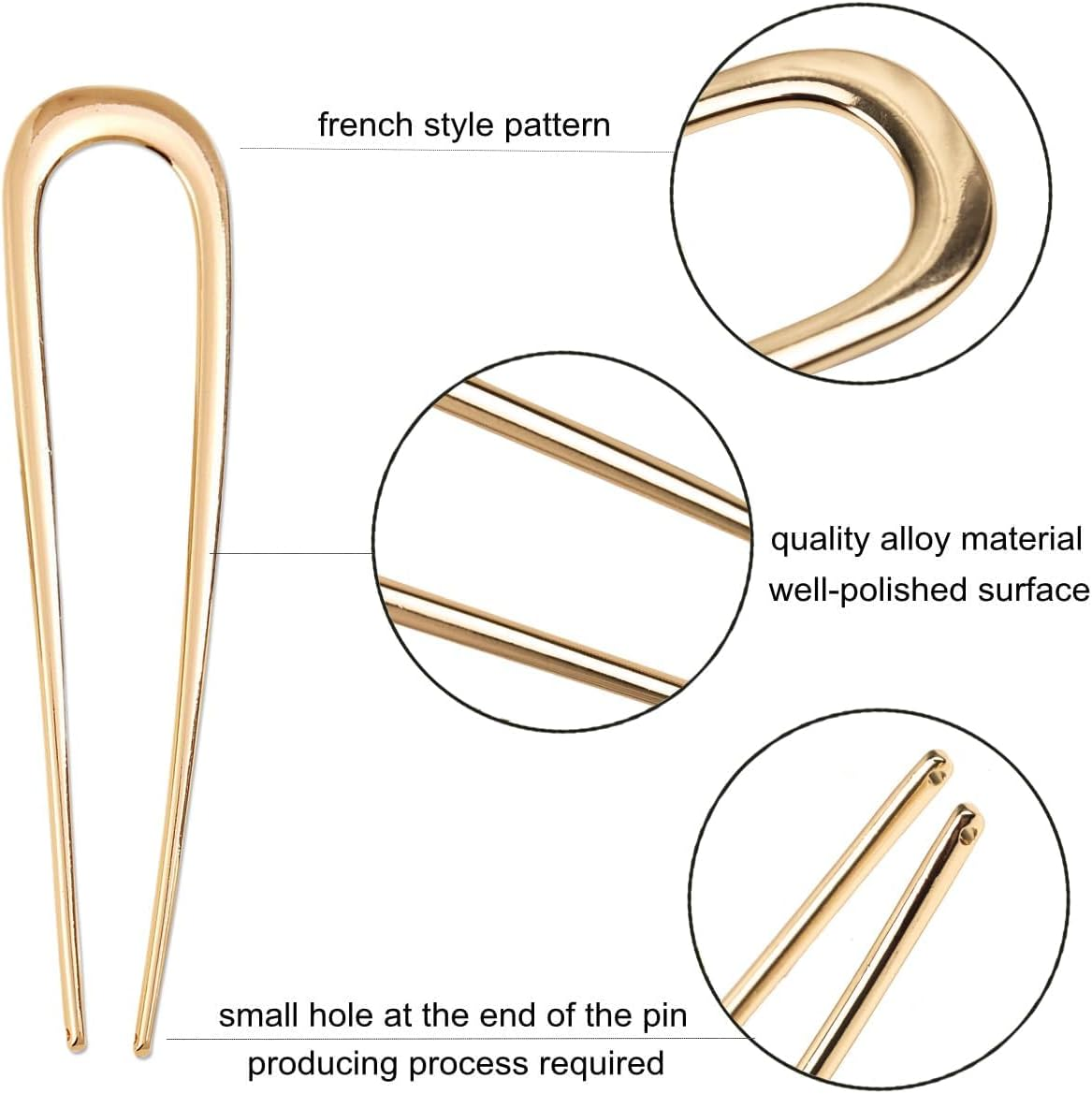 U-Shaped Chignon 2 Prong Bun Hair Sticks, 6Pcs Metal Vintage Hair Sticks French Hair Pin Chignon, Metal French U Shaped Chignon 2-Prong Sticks for Women image number 4