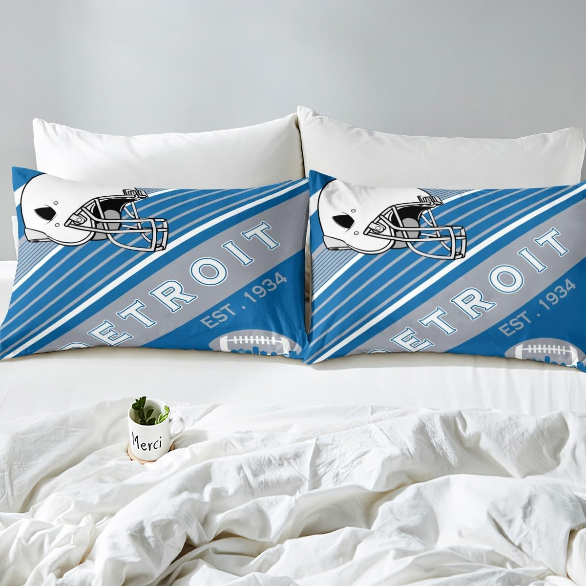 Erosebridal Sports Football Duvet Cover White and Sky Blue Rugby Helmet Bedding Set Twin, American Football City Themed Comforter Cover Retro 3D Ball Game Quilt Cover with 1 Pillowcase(Detroit) image number 4
