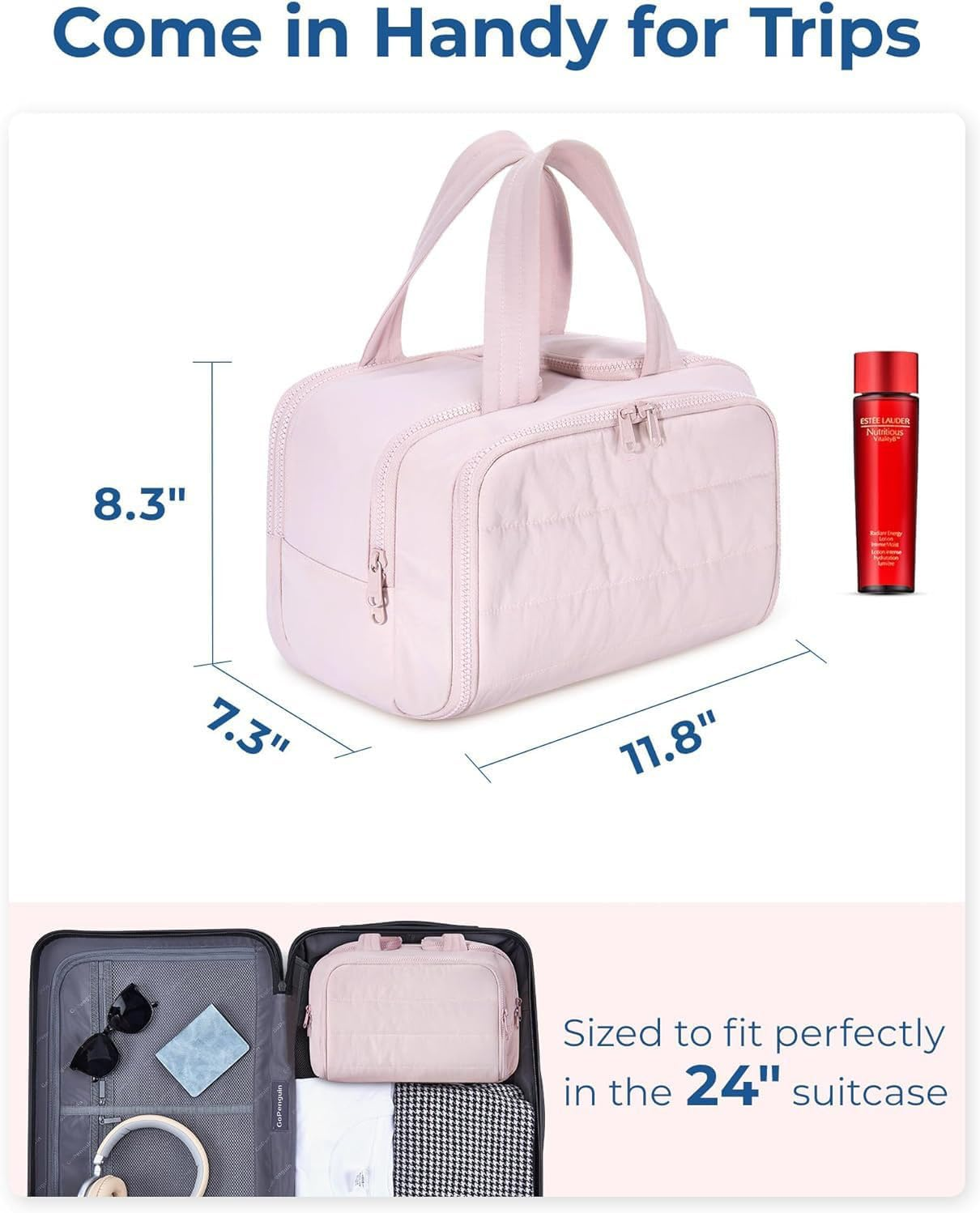Travel Cosmetic Bag - Large Capacity Wide-Open Toiletry Bag for Women | Waterproof & Lightweight 4-In-1 Multi-Functional Organizer (Sweet Pink) - Cream image number 6
