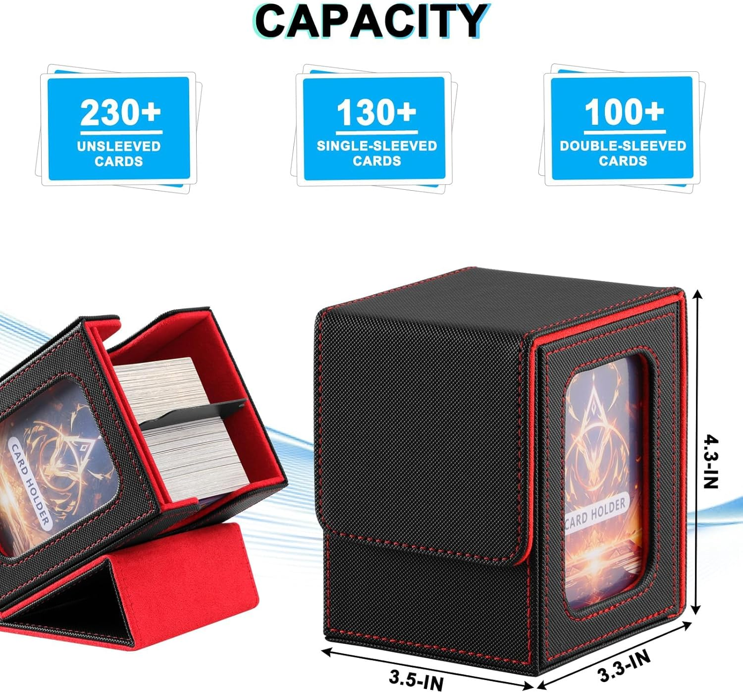 Card Deck Box with Commander Display, Storage Box Holds 100+ Double Sleeved Cards, Game & Sports Case with 2 Dividers, 1 Top Loader and 1 Dice Bag (Red)